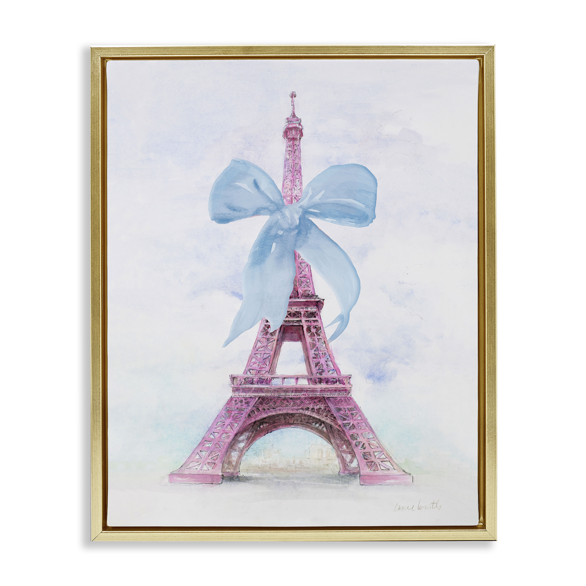 Stupell Industries Pretty Bow Eiffel Tower Buildings & Architecture Painting Gold Floater Framed Canvas Art Print Wall Art, 25 x 31