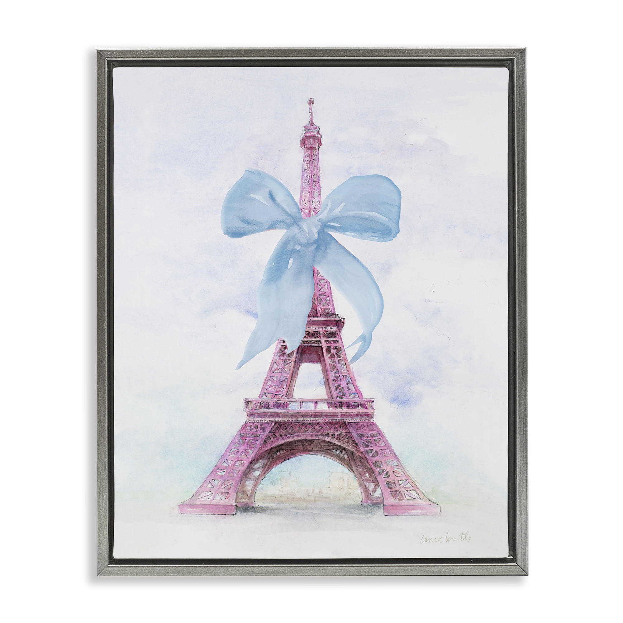 Stupell Industries Pretty Bow Eiffel Tower Buildings & Architecture Painting Gray Floater Framed Canvas Art Print Wall Art, 17 x 21