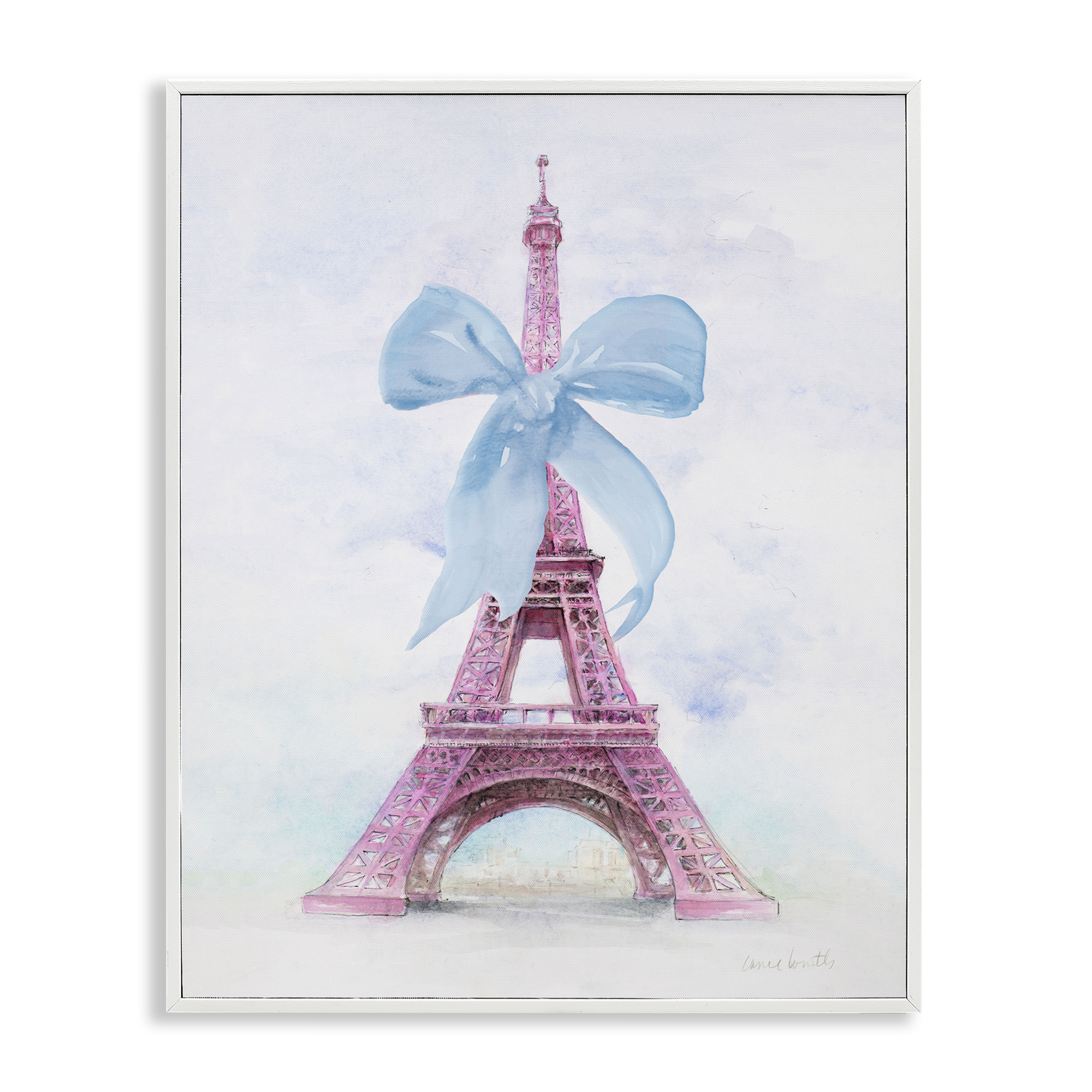 Stupell Industries Pretty Bow Eiffel Tower Buildings & Architecture Painting White Framed Art Print Wall Art, 11 x 14