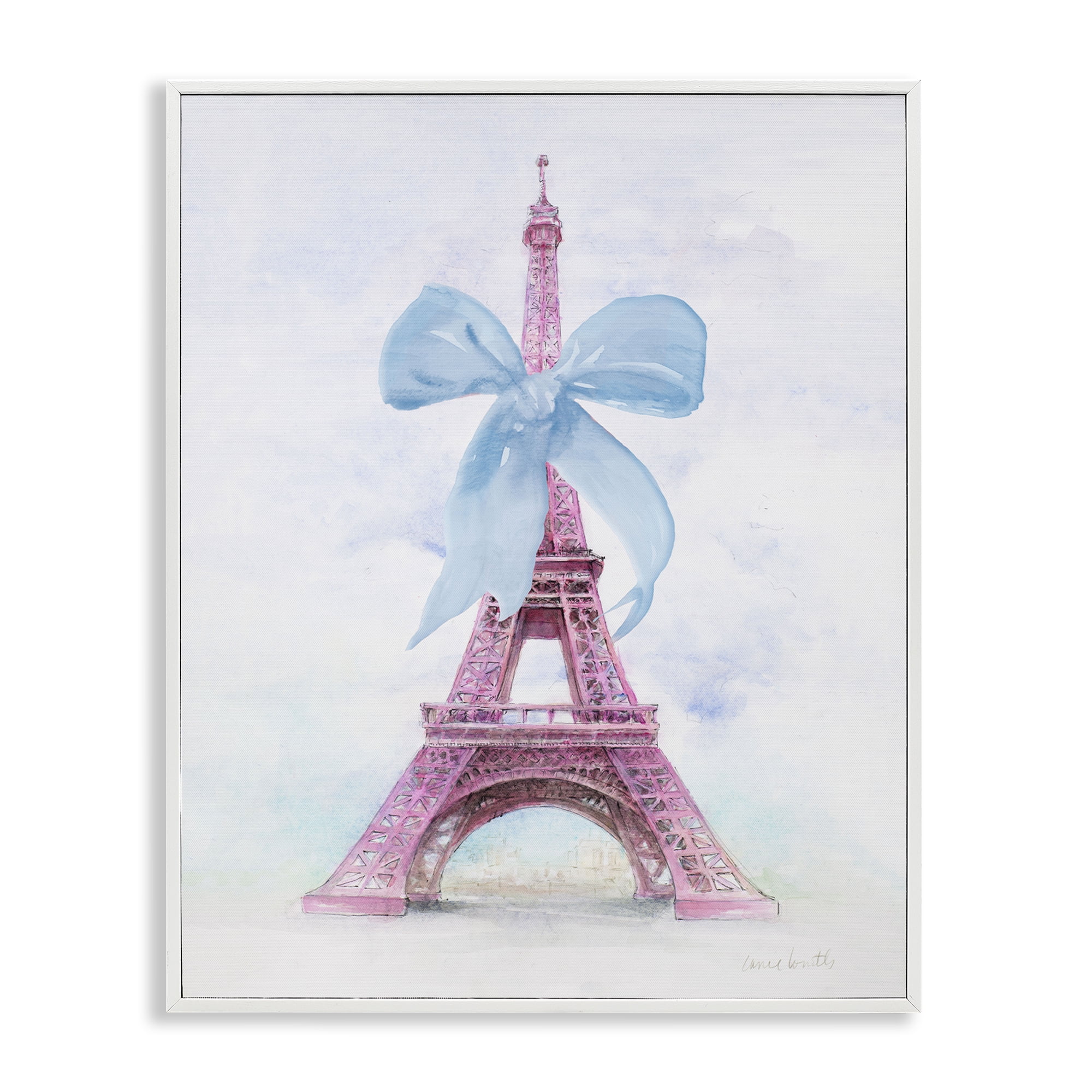 Stupell Industries Pretty Bow Eiffel Tower Buildings & Architecture Painting White Framed Art Print Wall Art, 24 x 30