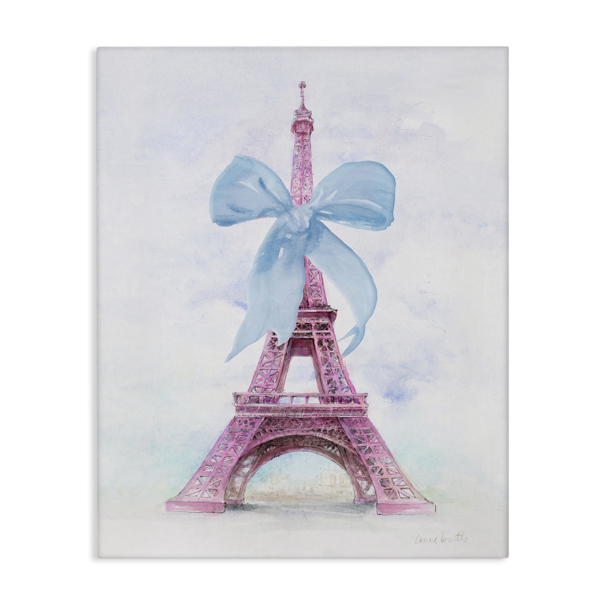 Stupell Industries Pretty Bow Eiffel Tower Buildings & Architecture Painting Wrapped Canvas Art Print Wall Art, 36 x 48