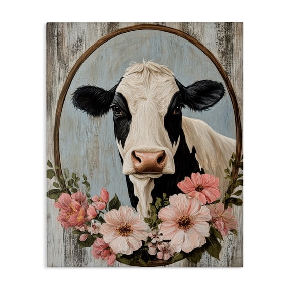 Stupell Industries Pretty Floral Cow Portrait Canvas Wall Art design by Petal Prints Design, 20 x 16