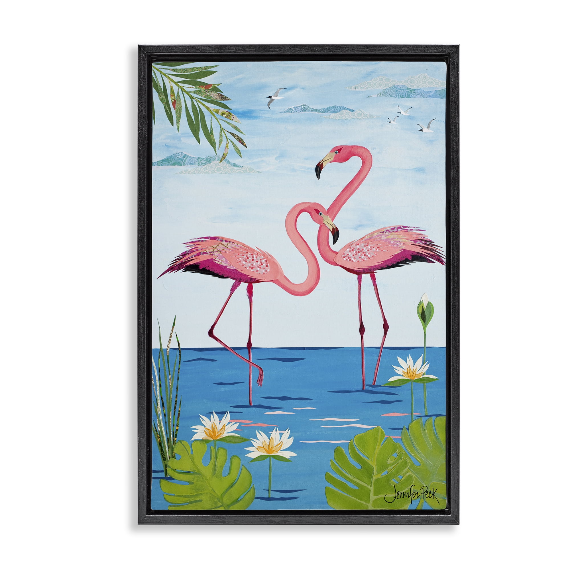 Stupell Industries Pretty In Pink Flamingos Animals & Insects Painting Black Floater Framed Canvas Art Print Wall Art, 21 x 31
