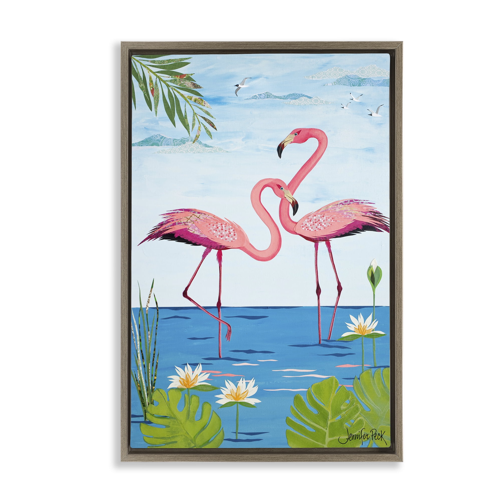 Stupell Industries Pretty In Pink Flamingos Animals & Insects Painting Brown Floater Framed Canvas Art Print Wall Art, 17 x 25