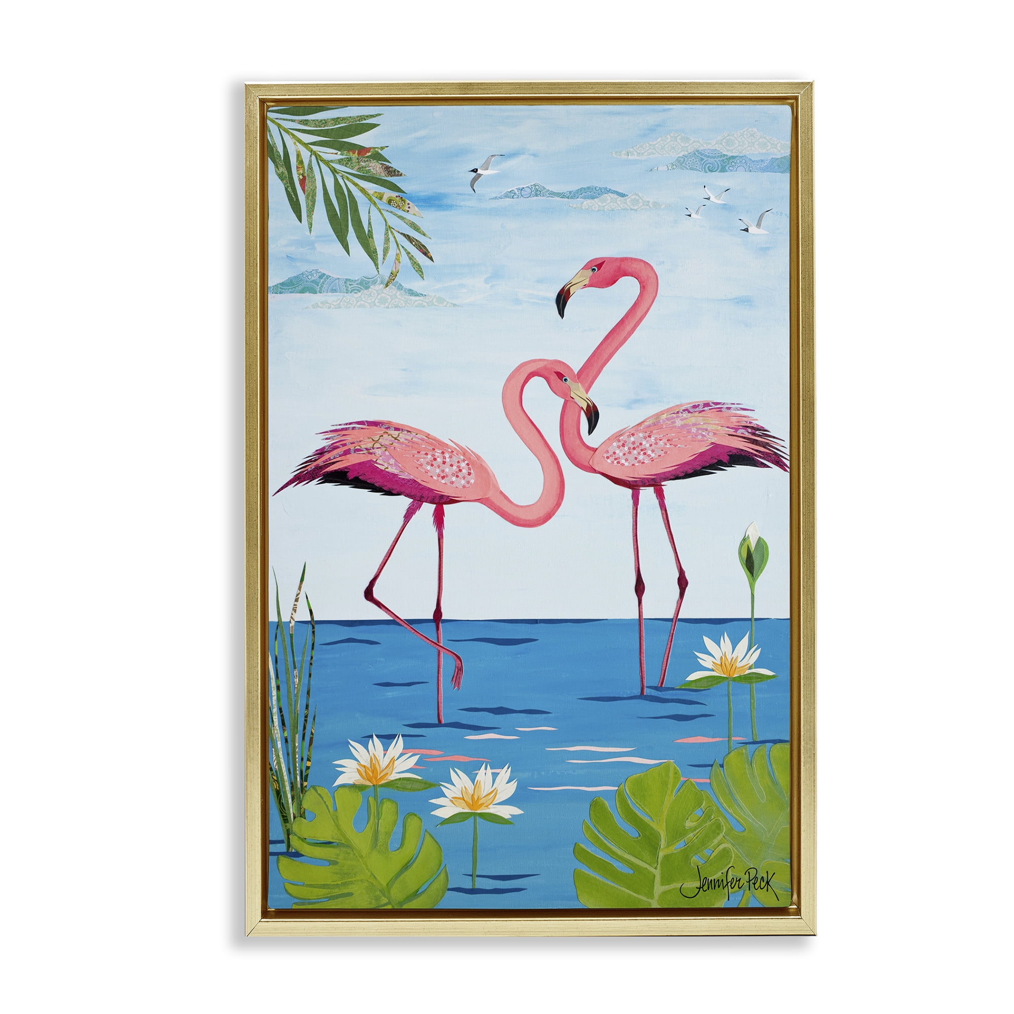 Stupell Industries Pretty In Pink Flamingos Animals & Insects Painting Gold Floater Framed Canvas Art Print Wall Art, 17 x 25