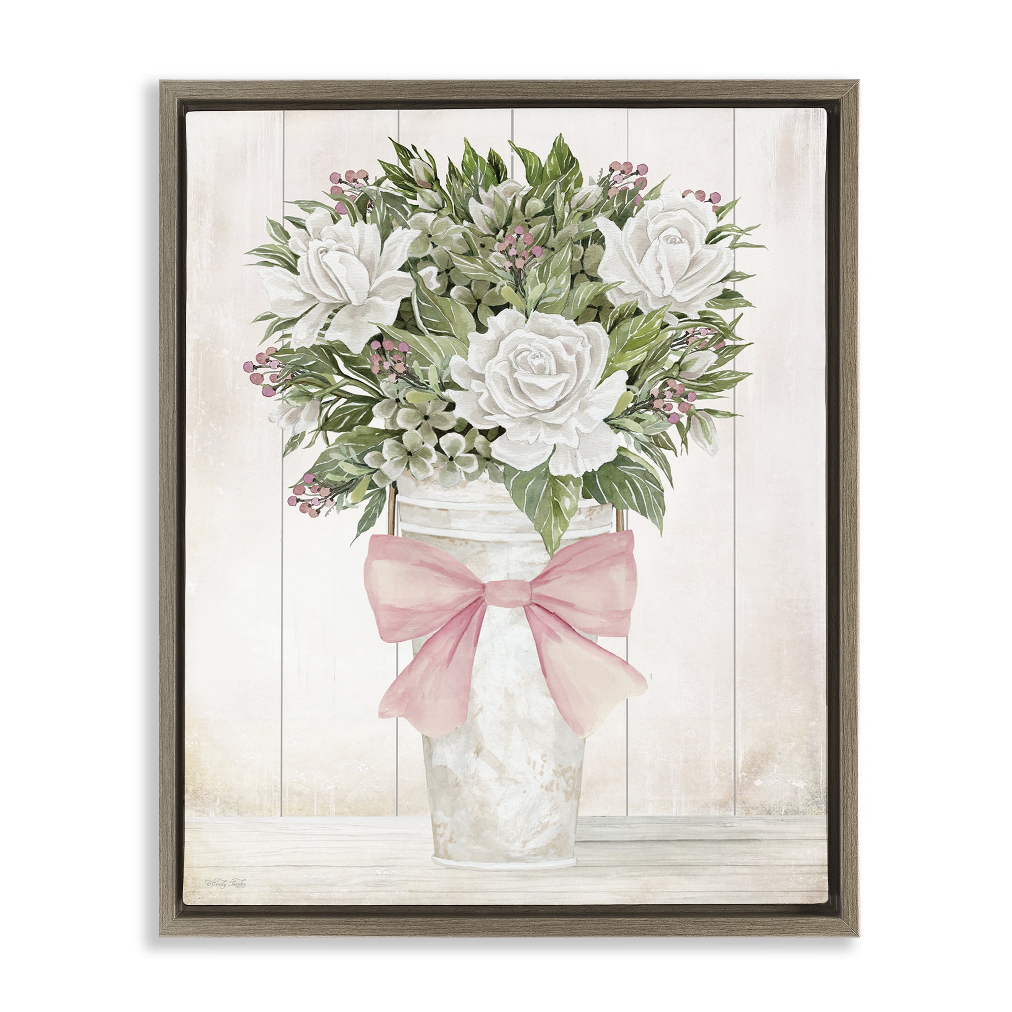 Stupell Industries Pretty In Pink Roses & Bow Brown Framed Floater Canvas Wall Art, design by Cindy Jacobs