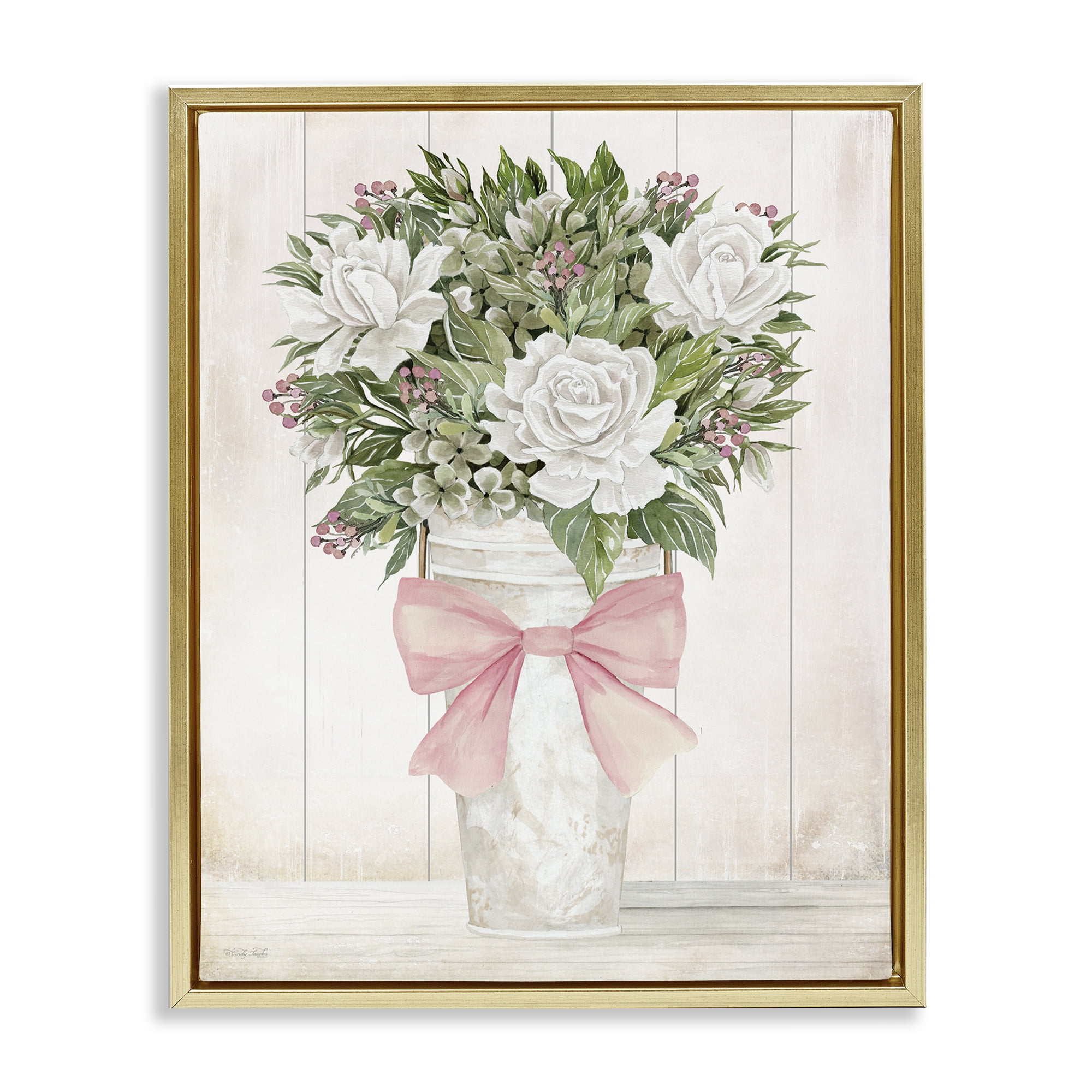 Stupell Industries Pretty In Pink Roses & Bow Gold Framed Floater Canvas Wall Art, design by Cindy Jacobs