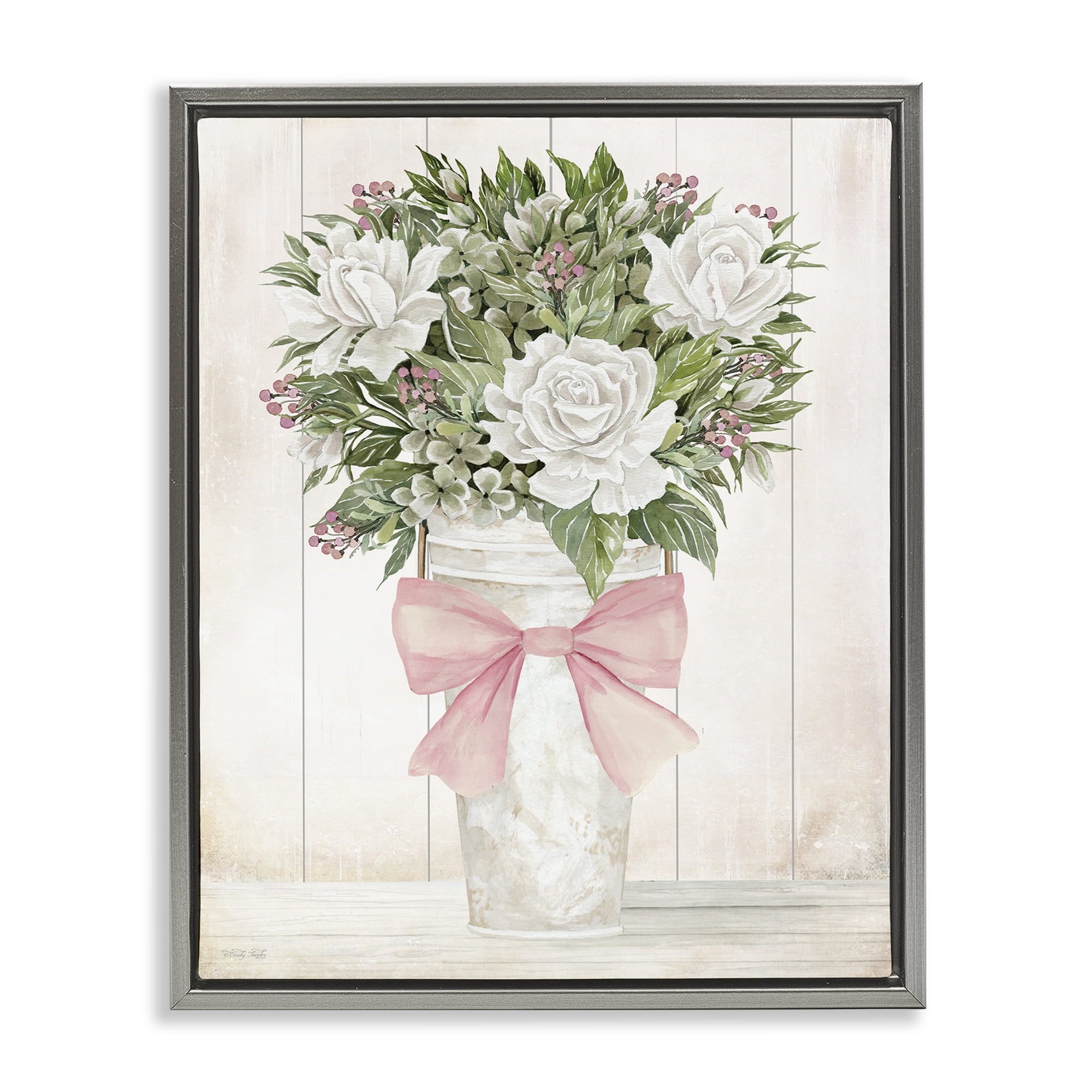 Stupell Industries Pretty In Pink Roses & Bow Gray Framed Floater Canvas Wall Art, design by Cindy Jacobs