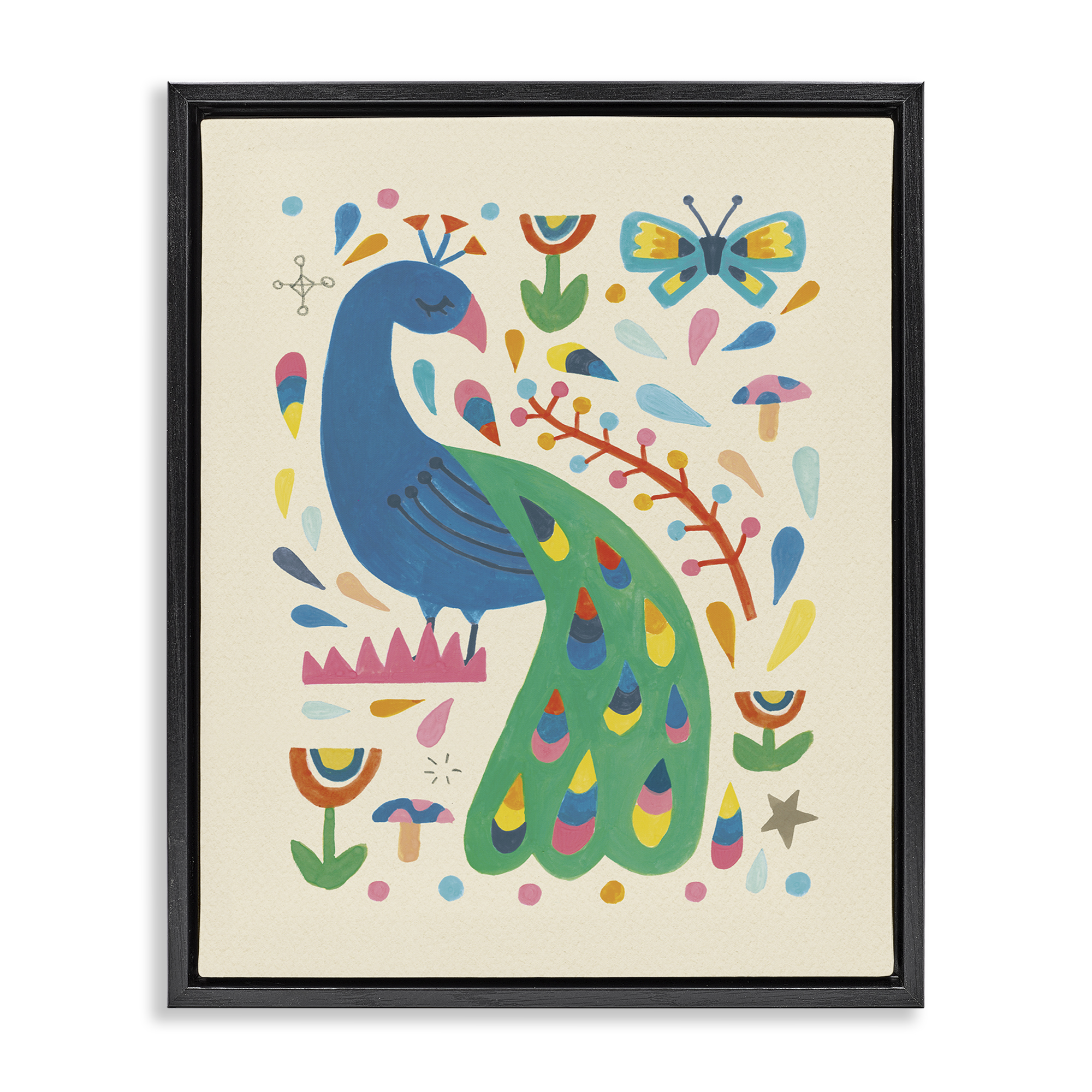 Stupell Industries Pretty Peacock Patterns Animals Painting Black Floater Framed Canvas Art Print Wall Art, 25 x 31