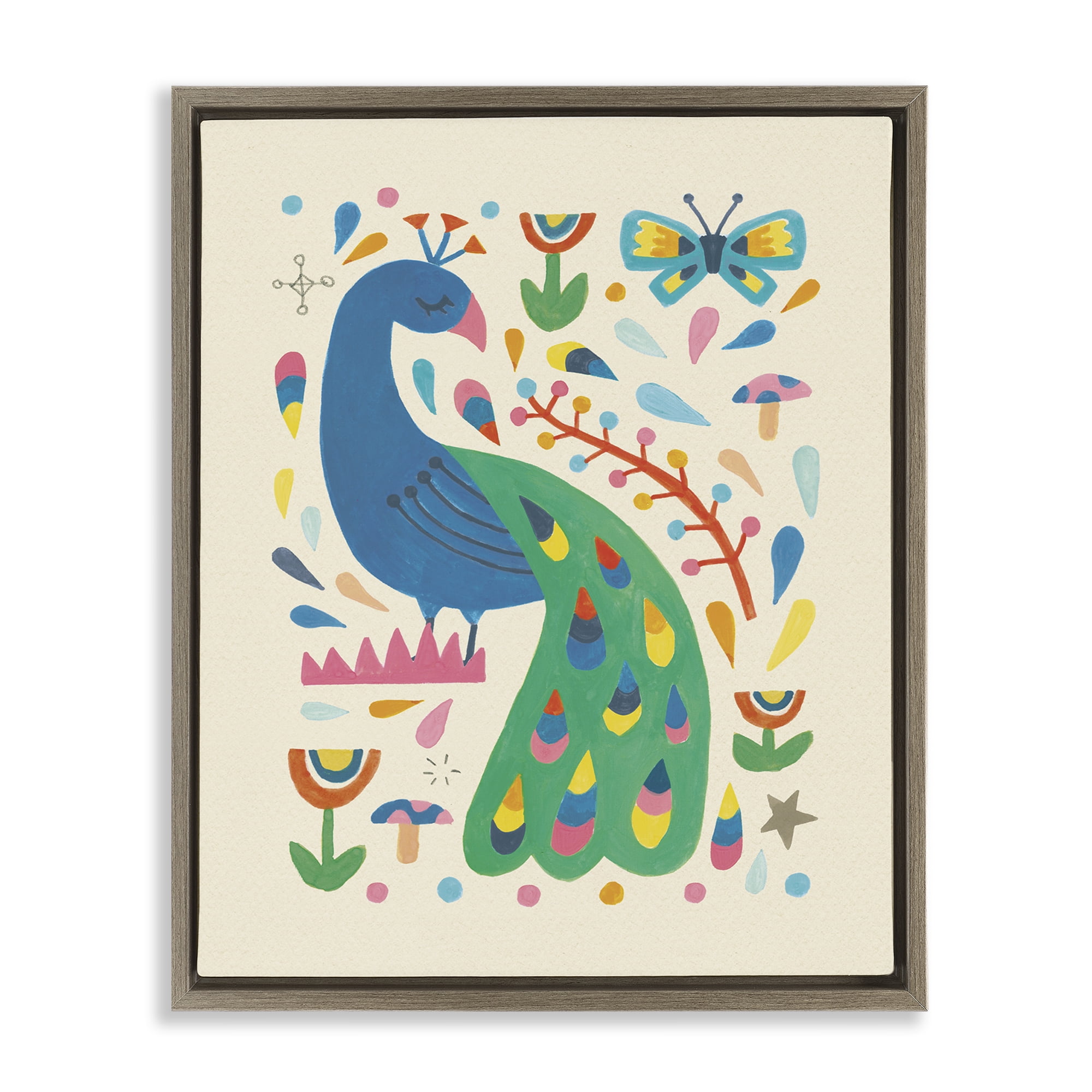 Stupell Industries Pretty Peacock Patterns Animals Painting Brown Floater Framed Canvas Art Print Wall Art, 25 x 31