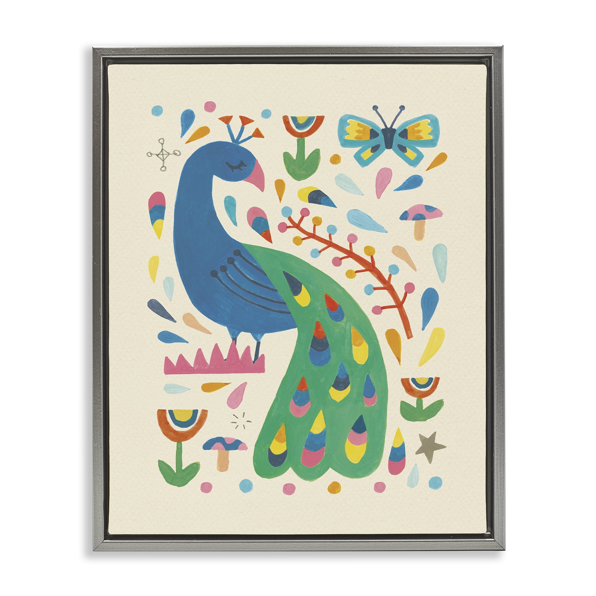 Stupell Industries Pretty Peacock Patterns Animals Painting Gray Floater Framed Canvas Art Print Wall Art, 25 x 31