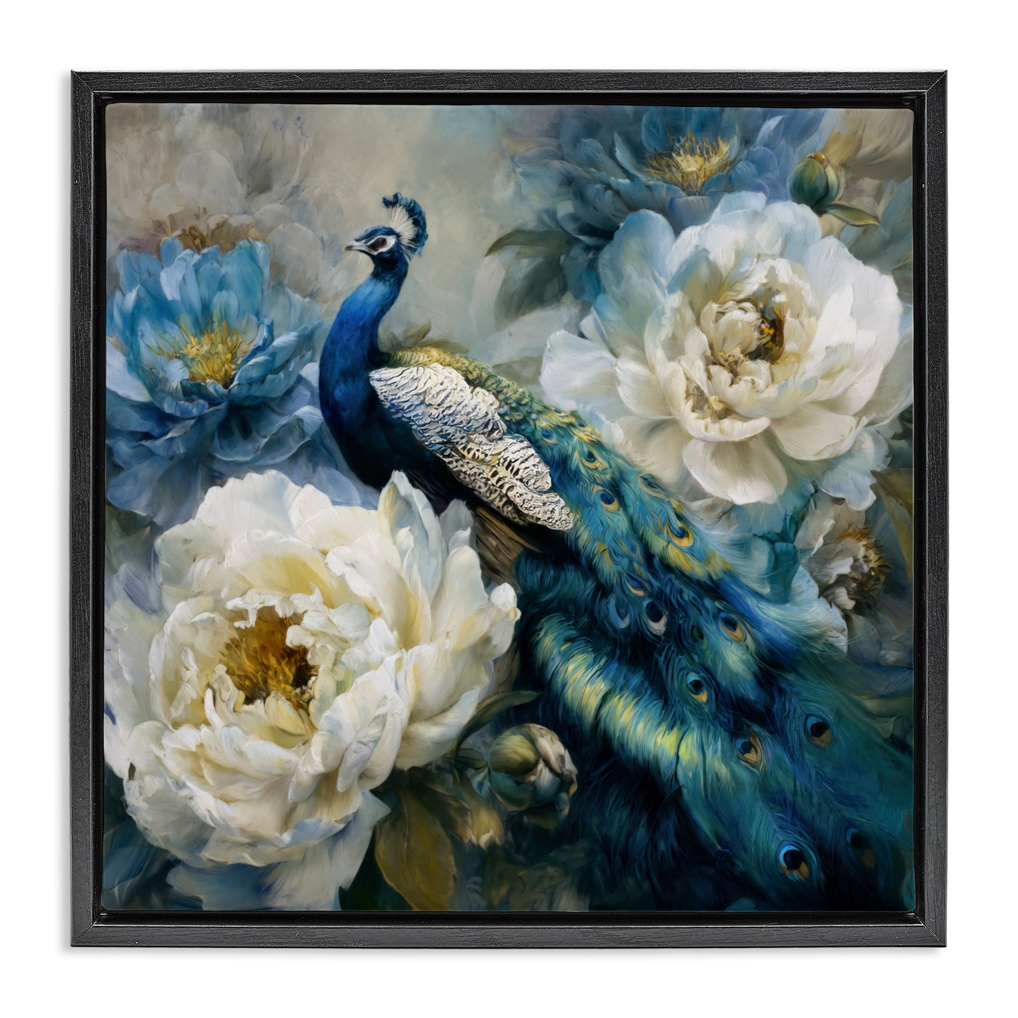 Stupell Industries Pretty Peacock with Roses Black Framed Floater Canvas Wall Art, design by Tina LeCour