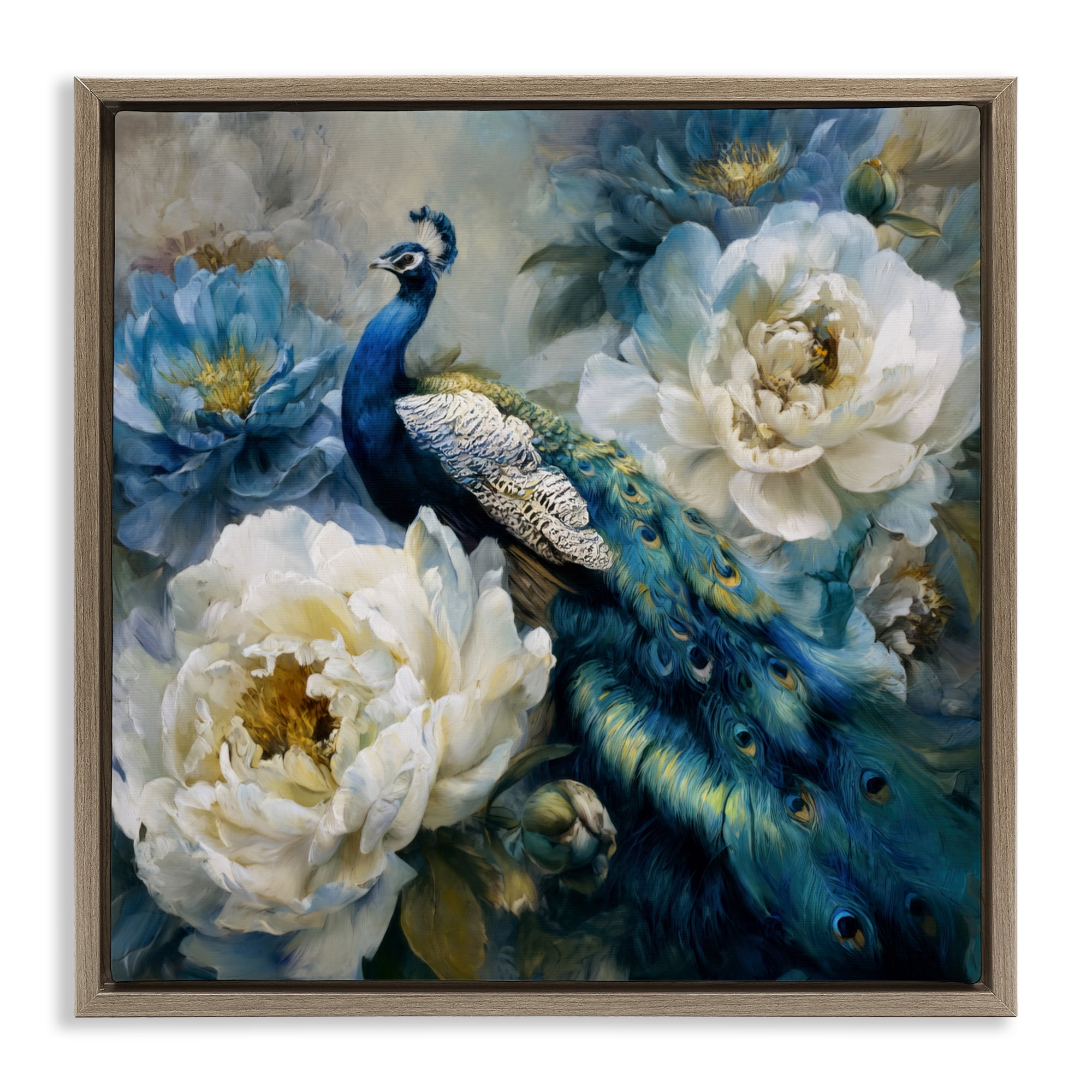 Stupell Industries Pretty Peacock with Roses Brown Framed Floater Canvas Wall Art, design by Tina LeCour