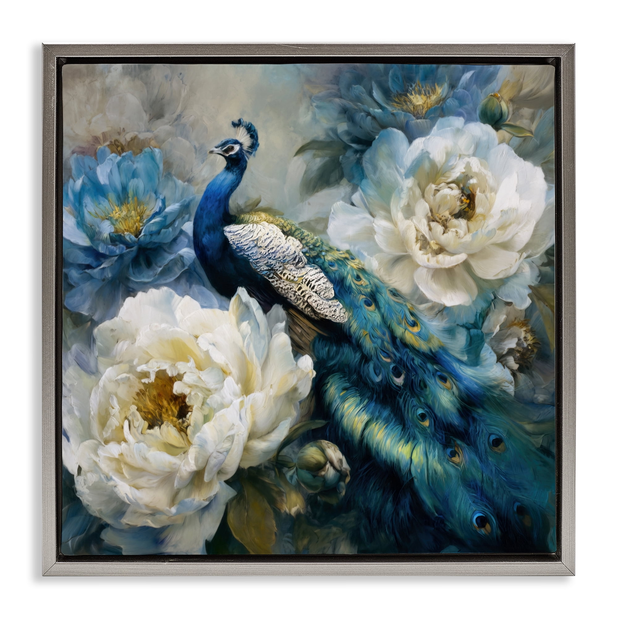 Stupell Industries Pretty Peacock with Roses Gray Framed Floater Canvas Wall Art, design by Tina LeCour