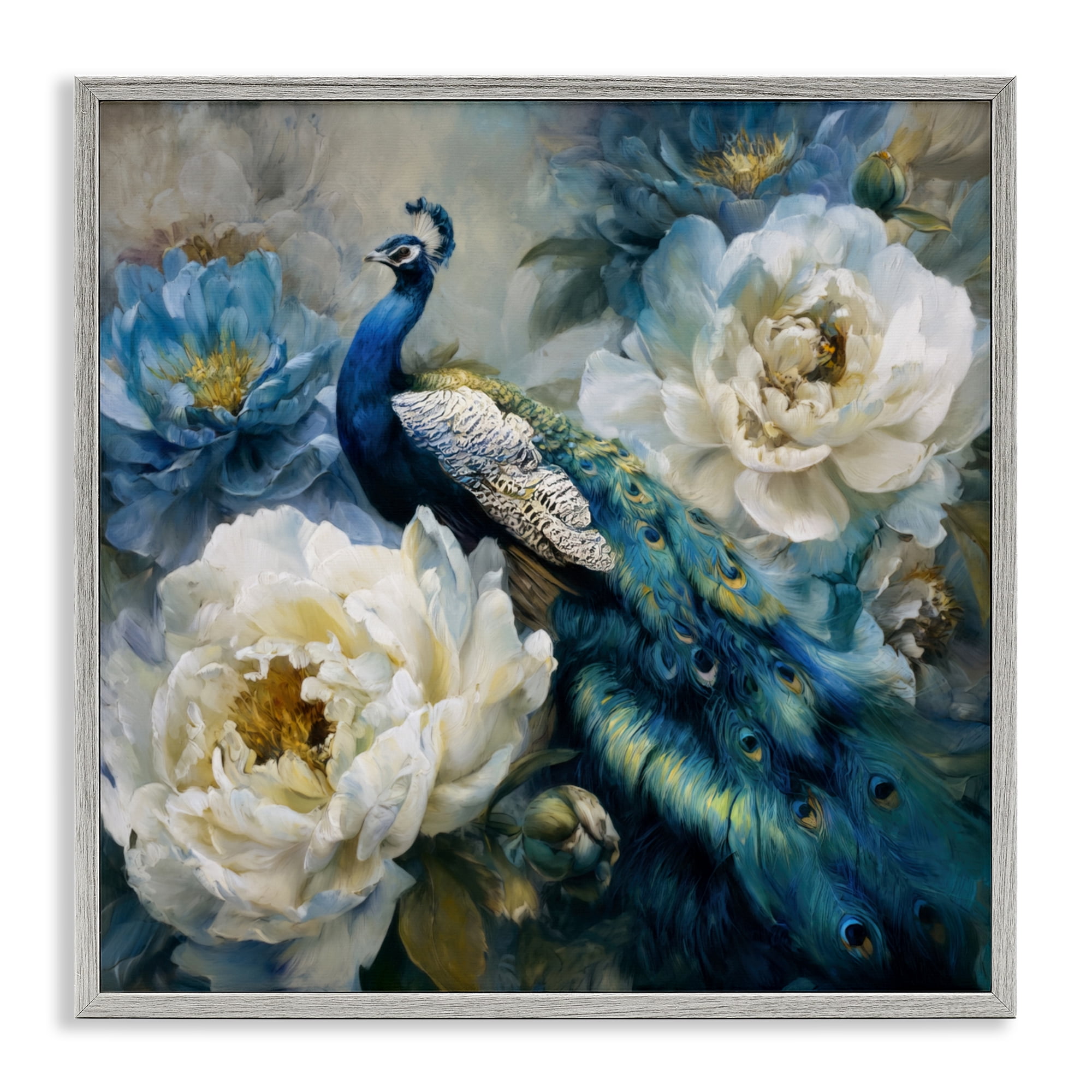 Stupell Industries Pretty Peacock with Roses Gray Framed Giclee Art, design by Tina LeCour