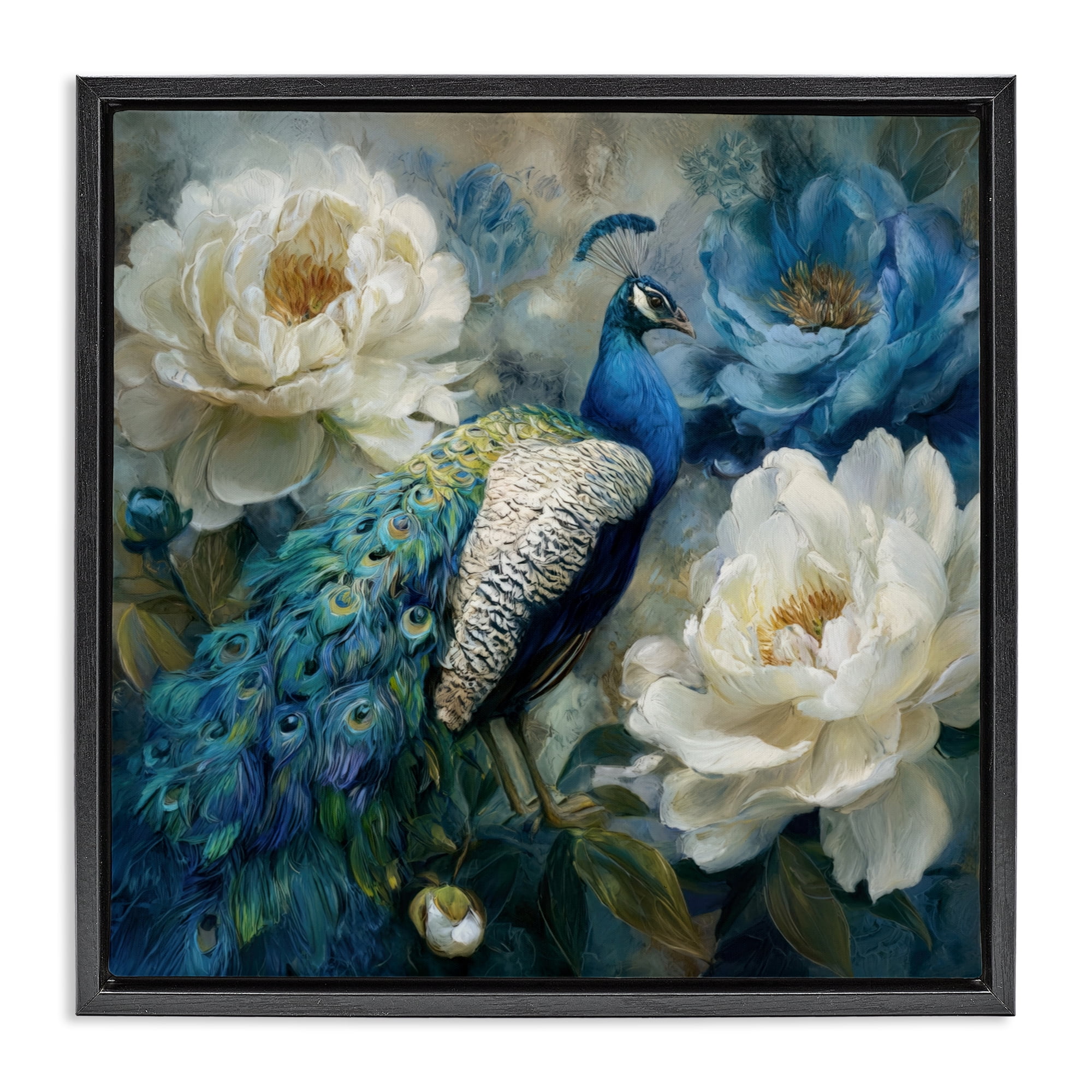 Stupell Industries Pretty Peony Peacock Black Framed Floater Canvas Wall Art, design by Tina LeCour