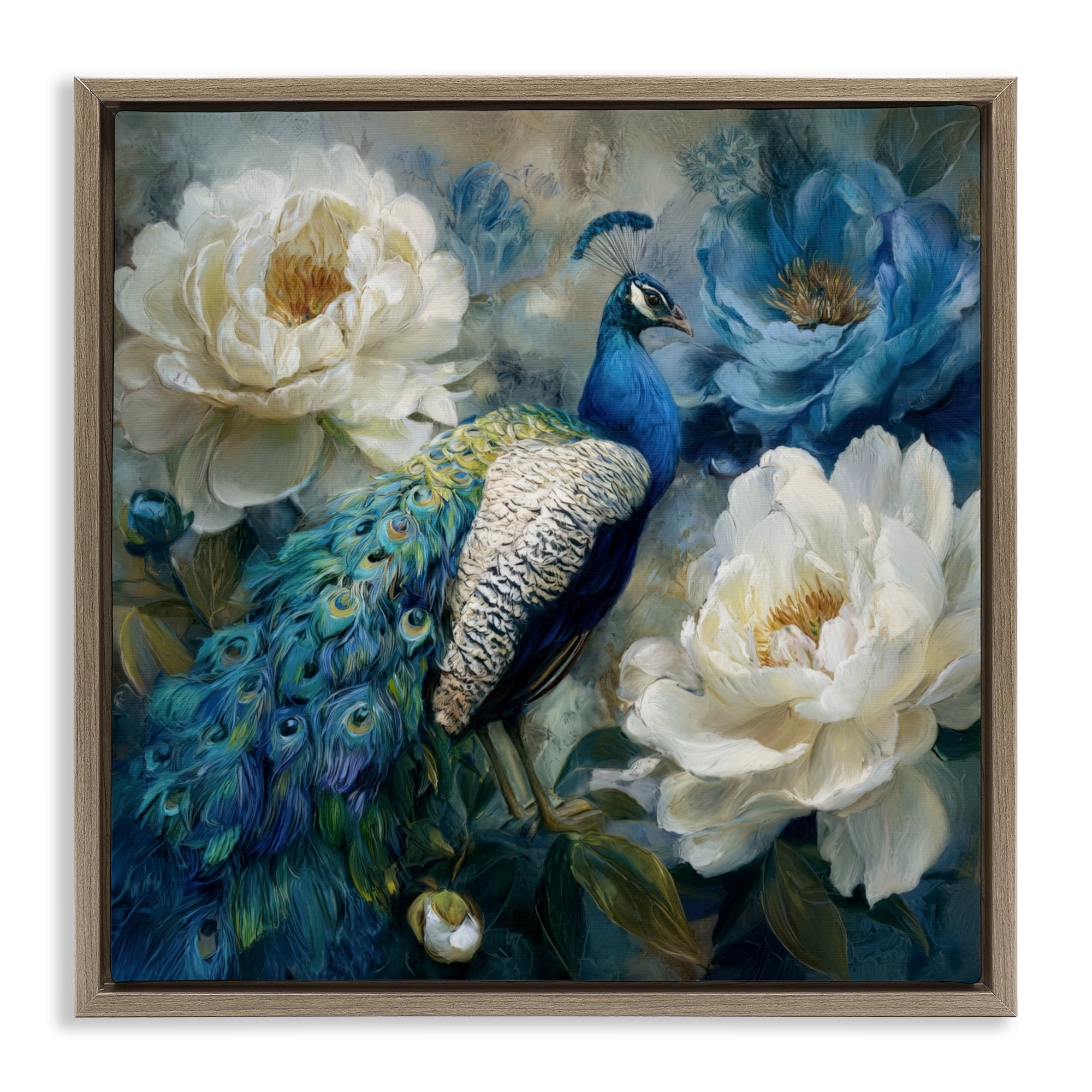 Stupell Industries Pretty Peony Peacock Brown Framed Floater Canvas Wall Art, design by Tina LeCour