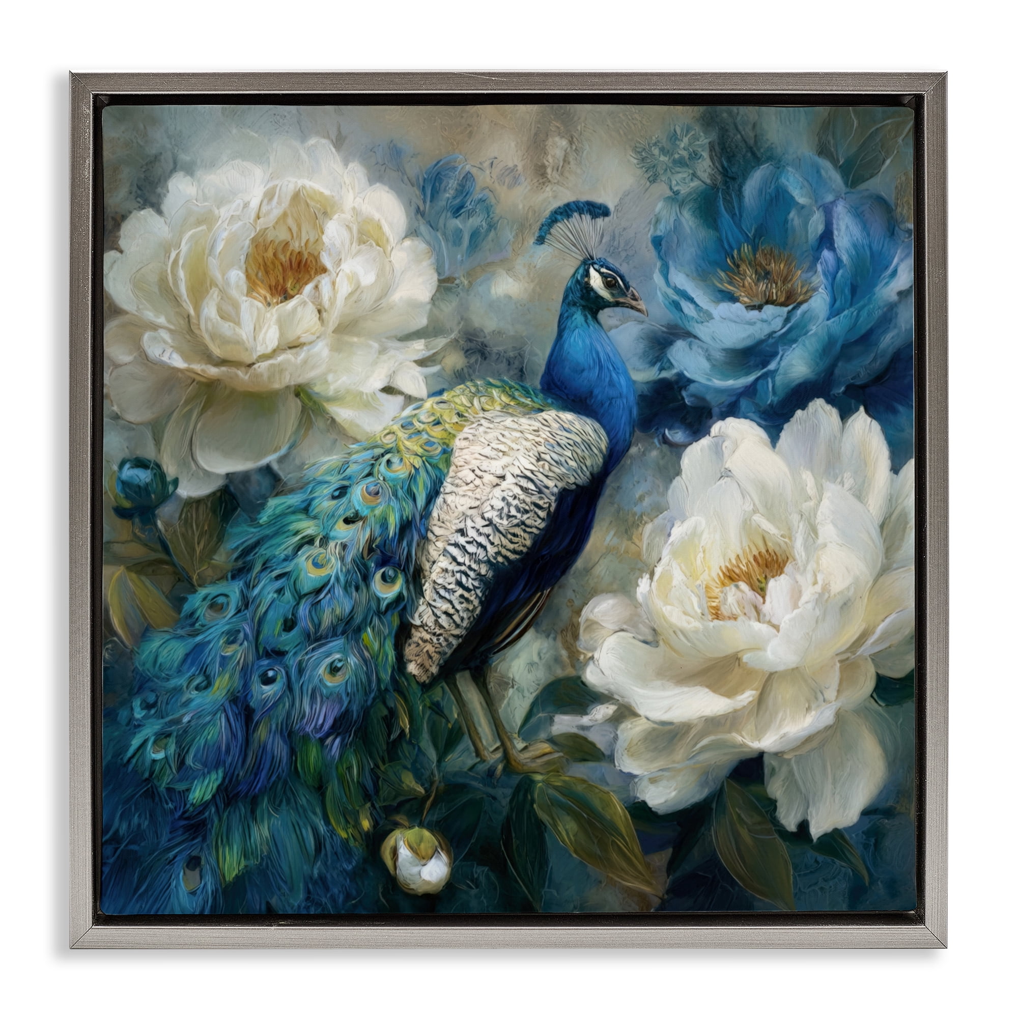 Stupell Industries Pretty Peony Peacock Gray Framed Floater Canvas Wall Art, design by Tina LeCour