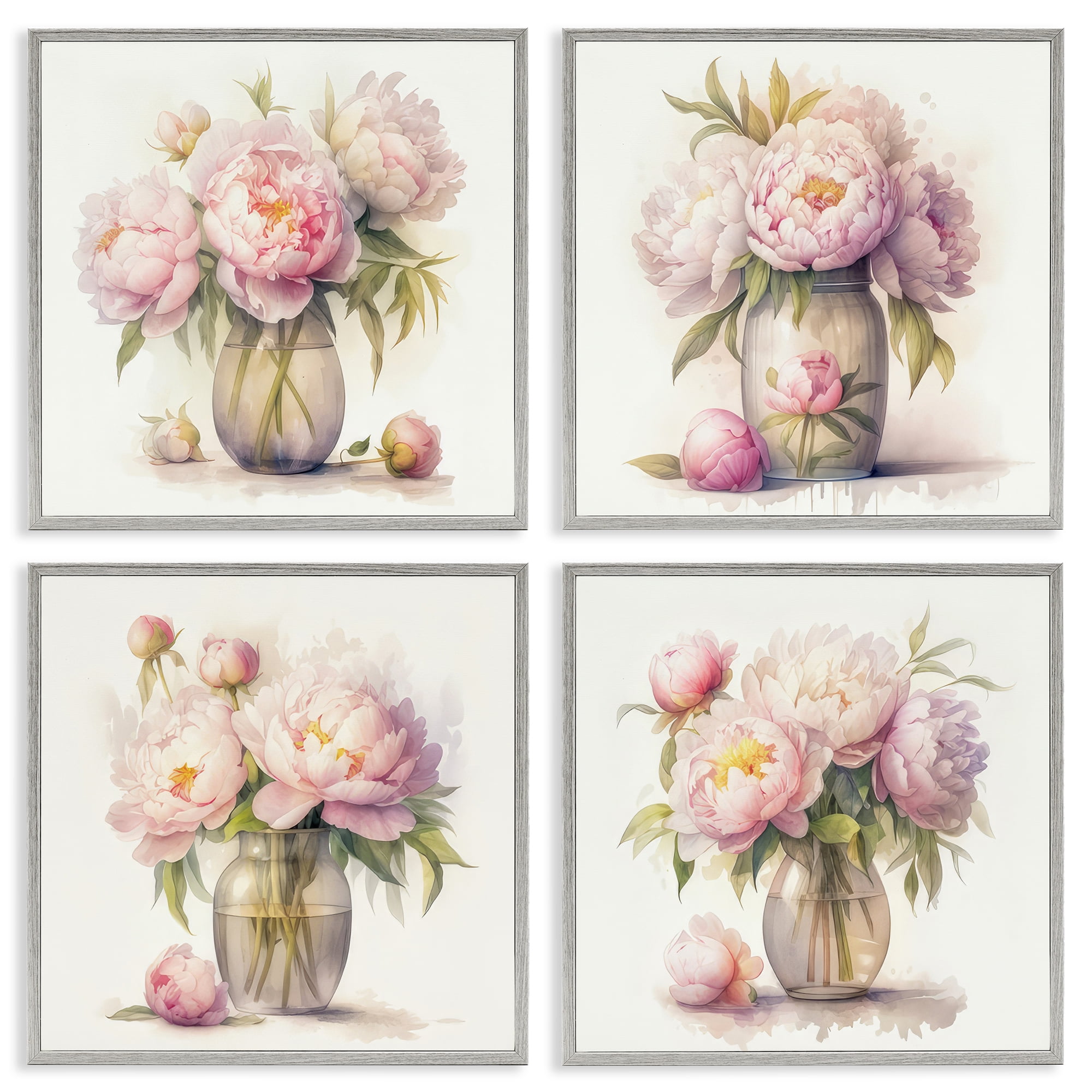 Stupell Industries Pretty Pink Peonies Plants & Flowers Painting Gray Framed Art Print Wall Art, 12 x 12, Set of 4