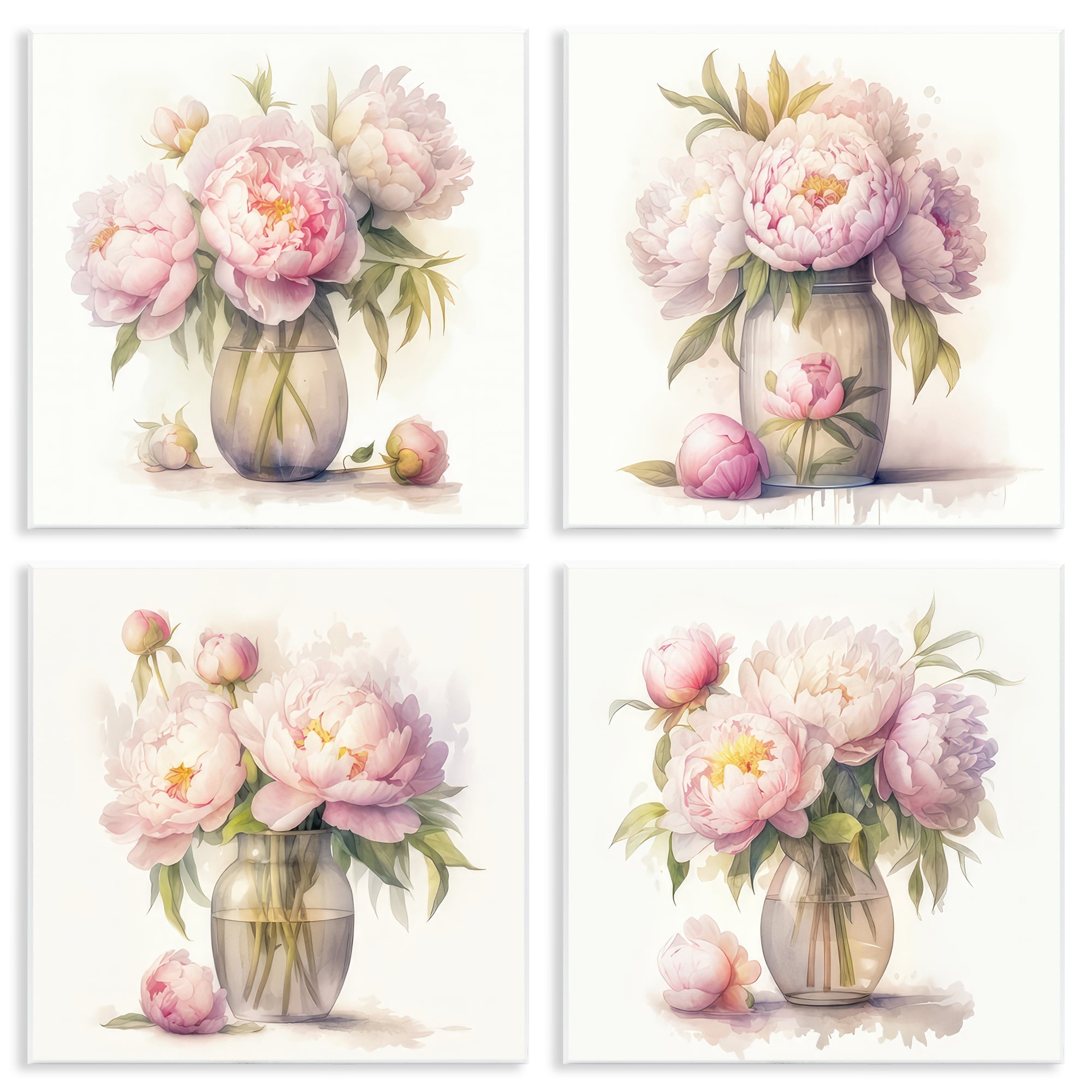 Stupell Industries Pretty Pink Peonies Plants & Flowers Painting Unframed Art Print Wall Art, 12 x 12, Set of 4