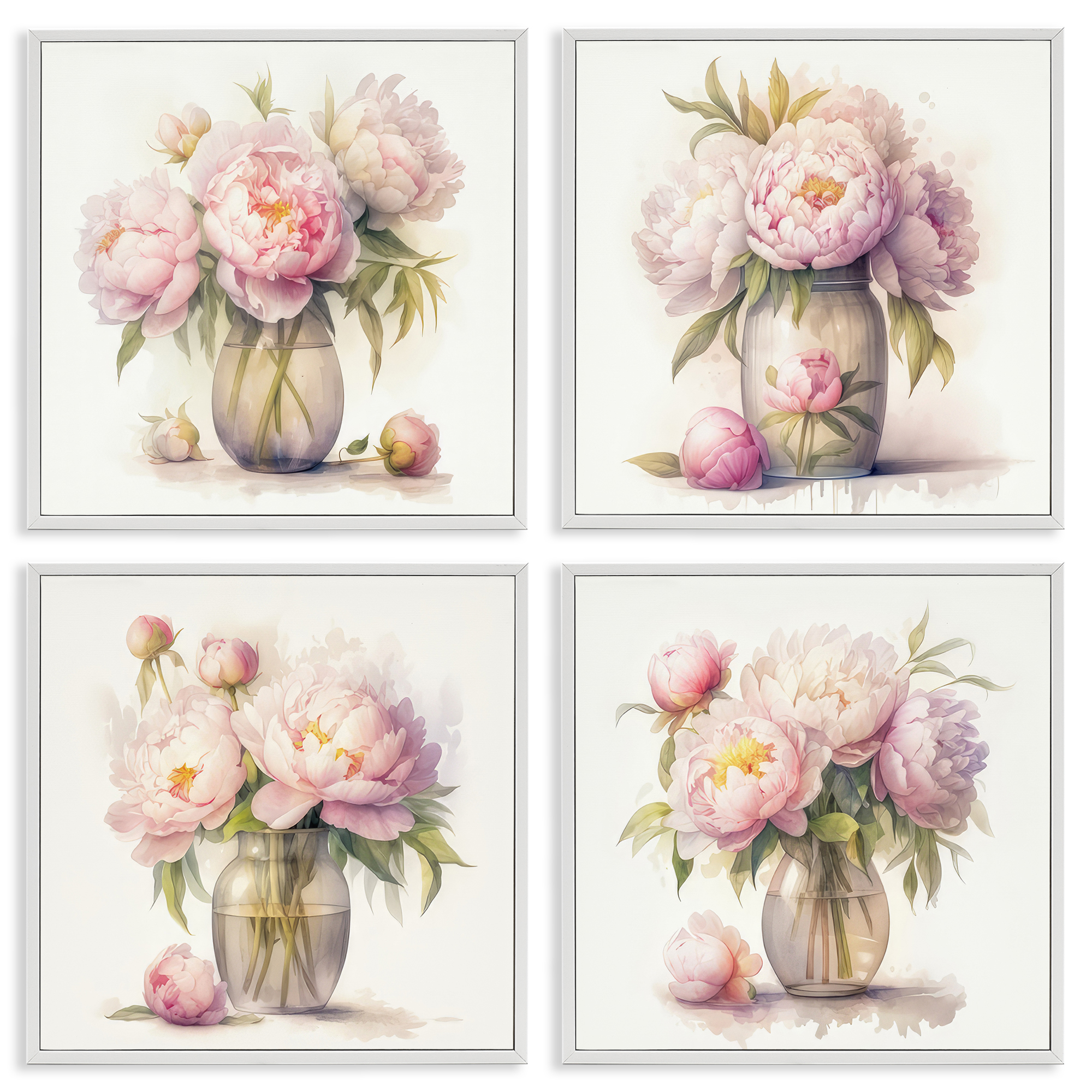Stupell Industries Pretty Pink Peonies Plants & Flowers Painting White Framed Art Print Wall Art, 17 x 17, Set of 4