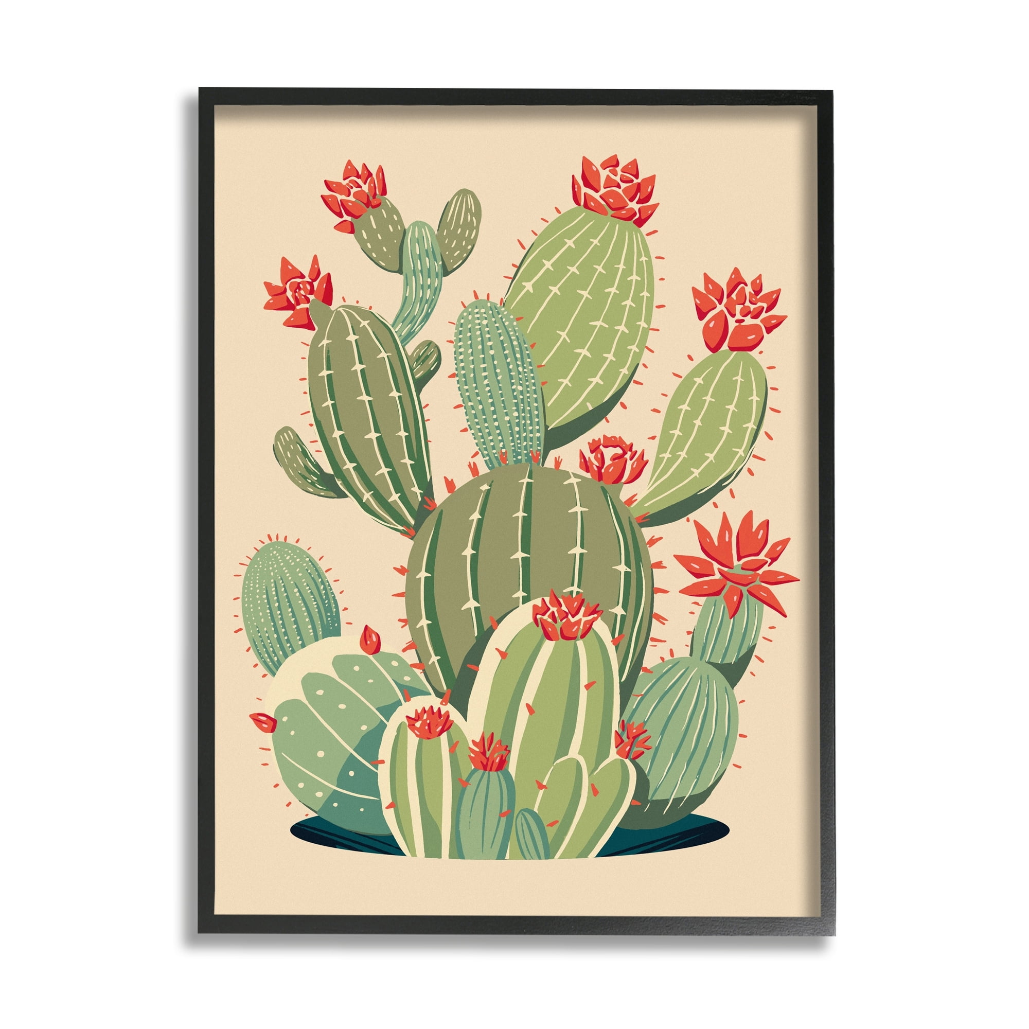 Prickly Pear Cactus Botanical Print on Canvas with Black Frame