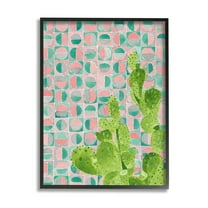 Stupell Industries Prickly Pear Desert Cactus over Geometric Pink Pattern Botanical & Floral Painting Black Framed Art Print Wall Art, 11 x 14