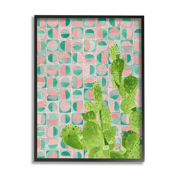 Stupell Industries Prickly Pear Desert Cactus over Geometric Pink Pattern Botanical & Floral Painting Black Framed Art Print Wall Art, 11 x 14
