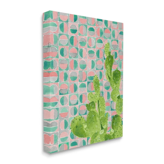 Stupell Industries Prickly Pear Desert Cactus over Geometric Pink Pattern Botanical & Floral Painting Gallery Wrapped Canvas Print Wall Art, 30 x 40