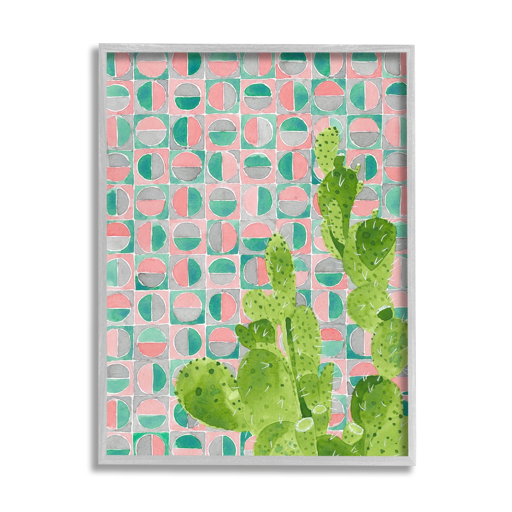 Stupell Industries Prickly Pear Desert Cactus over Geometric Pink Pattern Botanical & Floral Painting Gray Framed Art Print Wall Art, 11 x 14