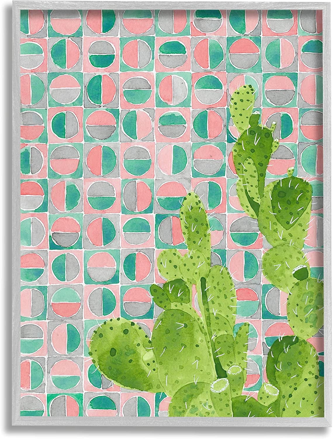 Stupell Industries Prickly Pear Desert Cactus over Geometric Pink Pattern Botanical & Floral Painting Gray Framed Art Print Wall Art, 16 x 20