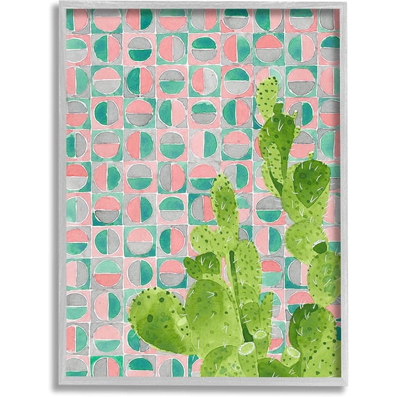 Stupell Industries Prickly Pear Desert Cactus over Geometric Pink Pattern Botanical & Floral Painting Gray Framed Art Print Wall Art, 16 x 20