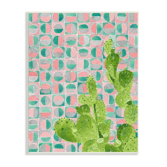 Stupell Industries Prickly Pear Desert Cactus over Geometric Pink Pattern Botanical & Floral Painting Unframed Art Print Wall Art, 10 x 15