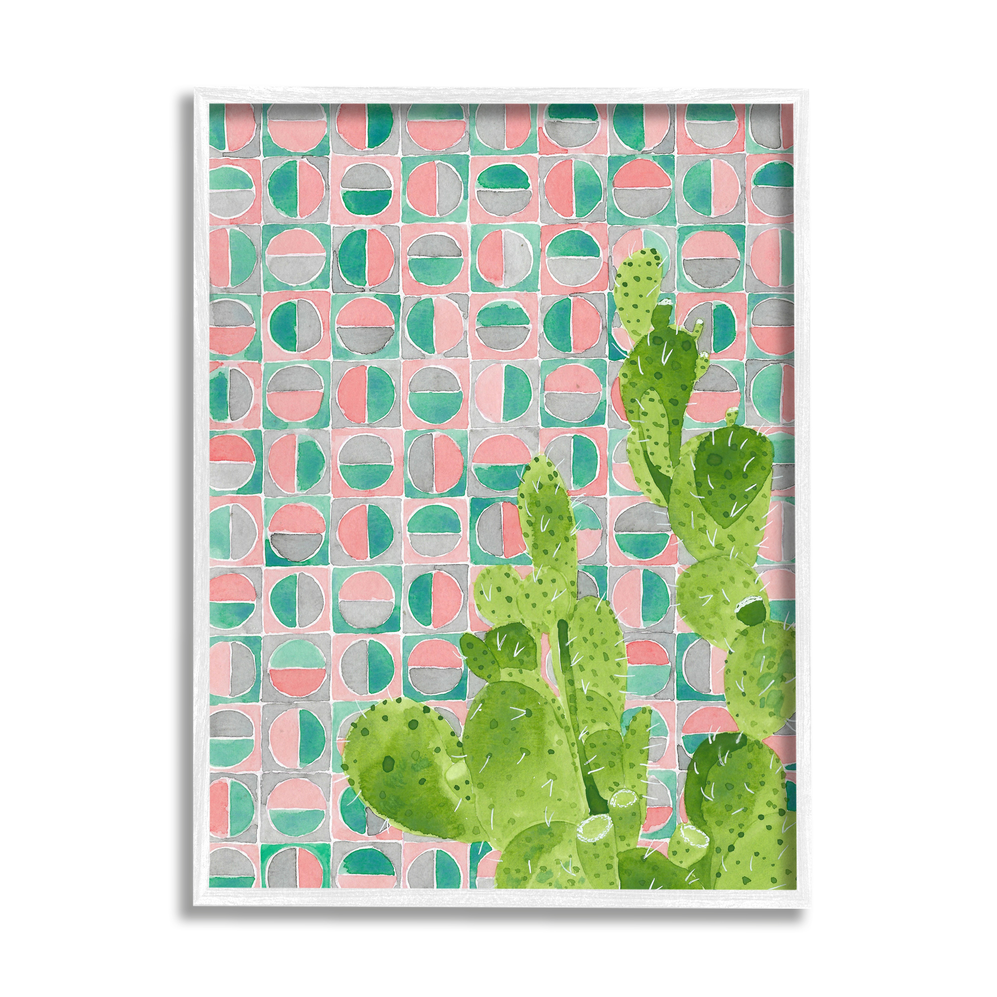 Stupell Industries Prickly Pear Desert Cactus over Geometric Pink Pattern Botanical & Floral Painting White Framed Art Print Wall Art, 16 x 20