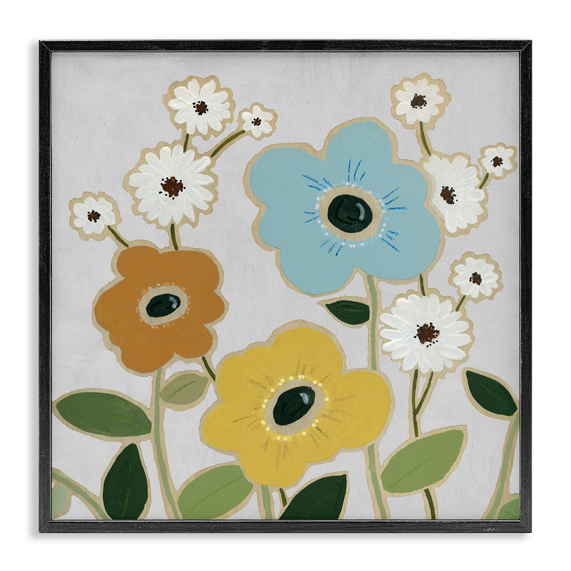 Stupell Industries Primary Hued Blossoms Plants & Flowers Painting Black Framed Art Print Wall Art, 17 x 17