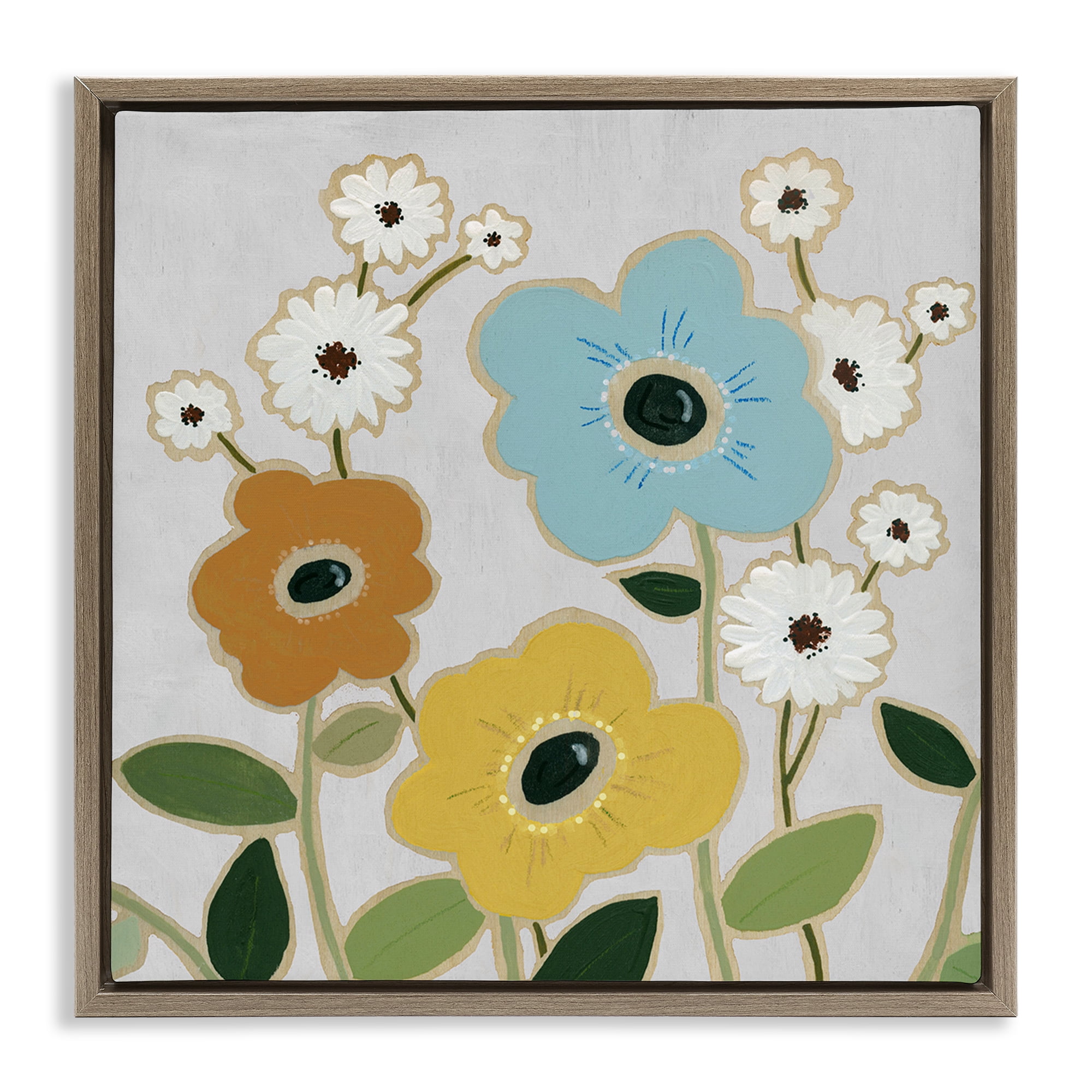 Stupell Industries Primary Hued Blossoms Plants & Flowers Painting Brown Floater Framed Canvas Art Print Wall Art, 18 x 18