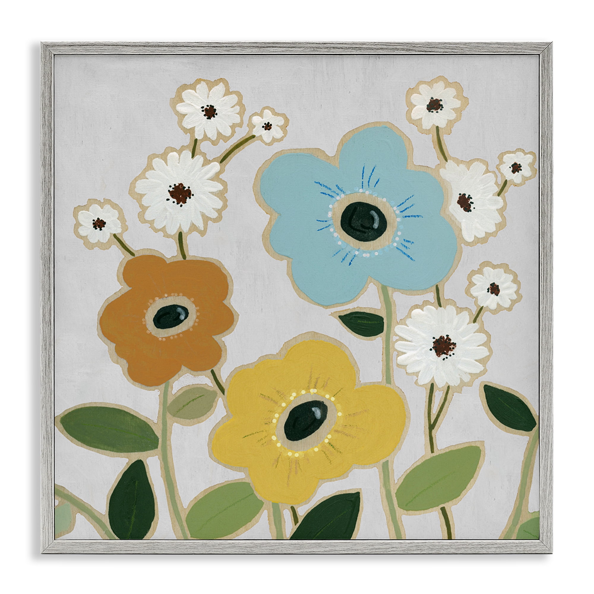 Stupell Industries Primary Hued Blossoms Plants & Flowers Painting Gray Framed Art Print Wall Art, 12 x 12
