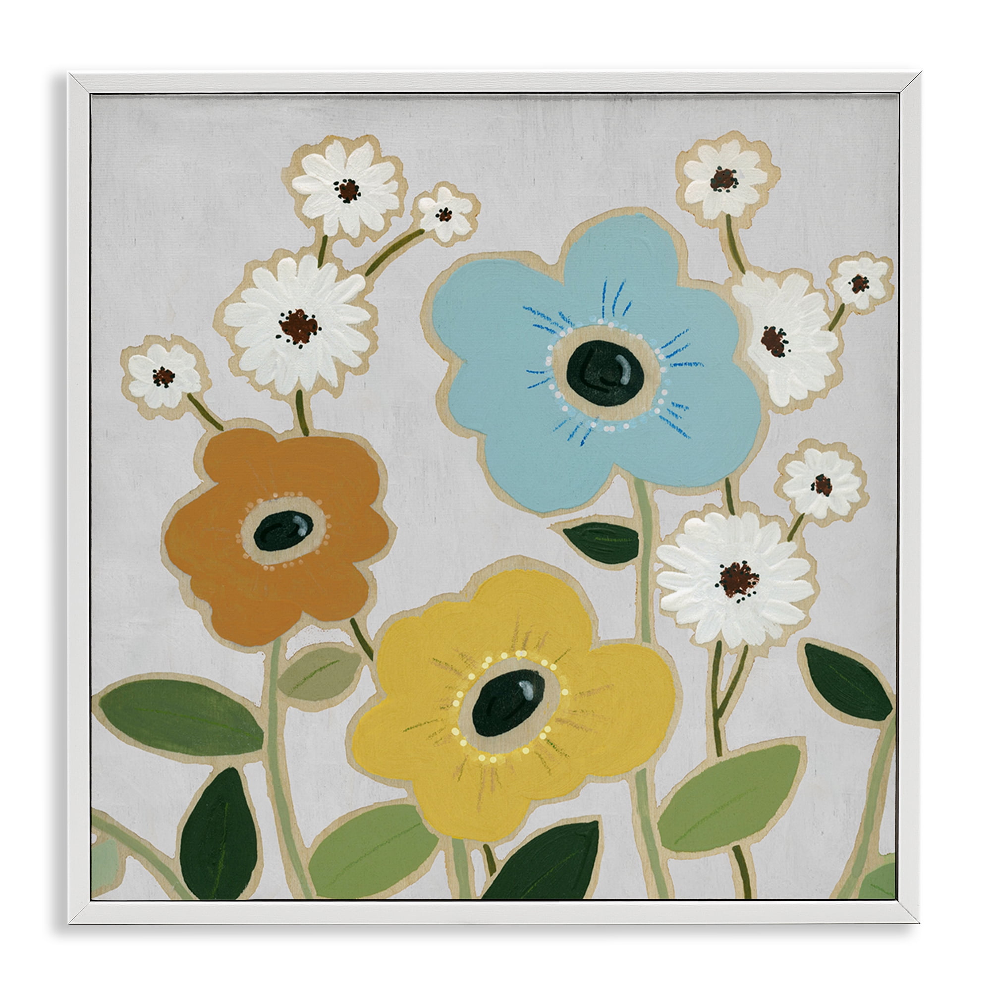Stupell Industries Primary Hued Blossoms Plants & Flowers Painting White Framed Art Print Wall Art, 12 x 12