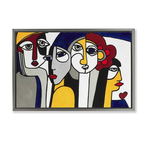 Stupell Industries Primary Hues Faces Portrait Portrait Painting Gray Floater Framed Canvas Art Print Wall Art, 25 x 17