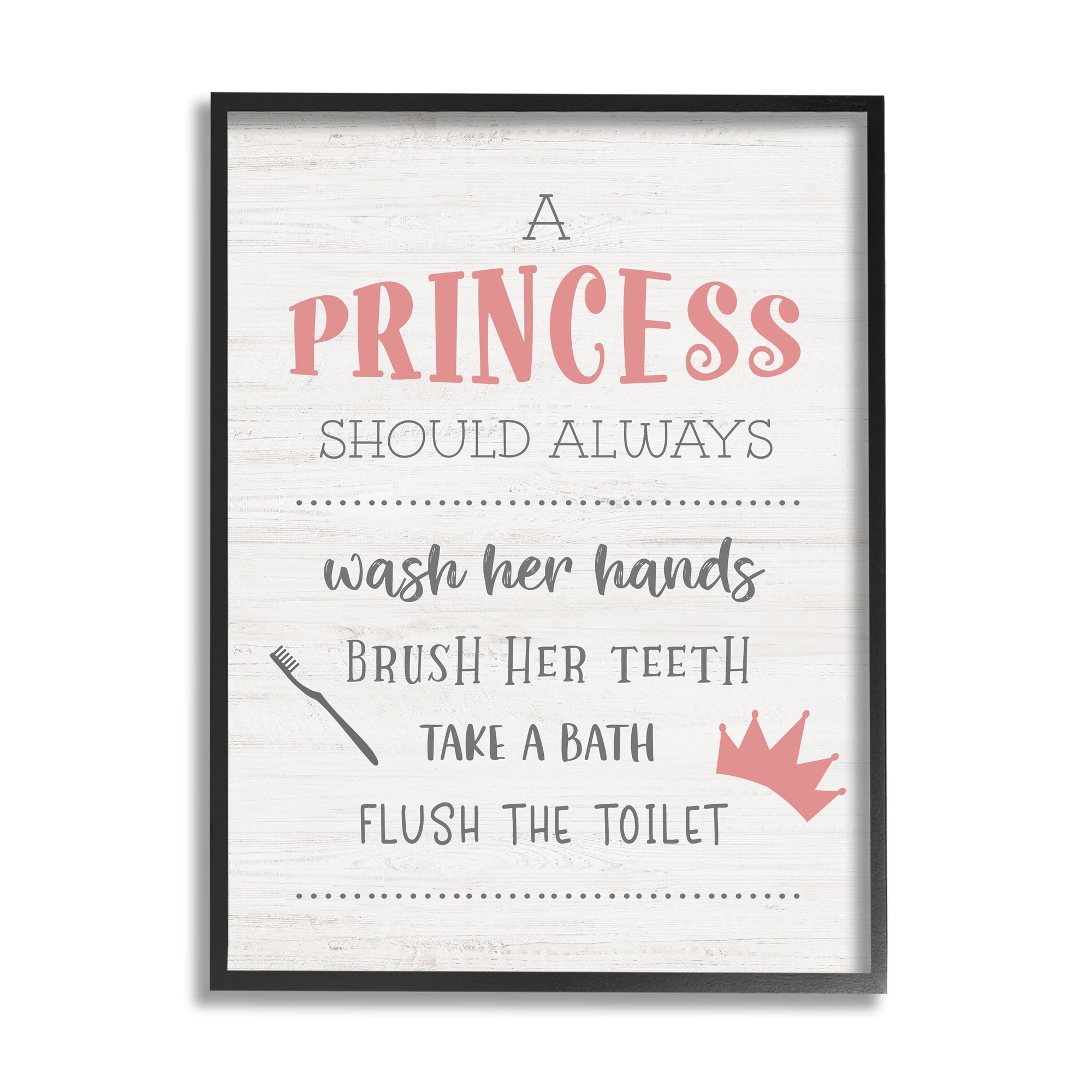 Stupell Industries Princess Bathroom Rules Good Hygiene Phrases Pink Crown Typography Painting Black Framed Art Print Wall Art, 16 x 20
