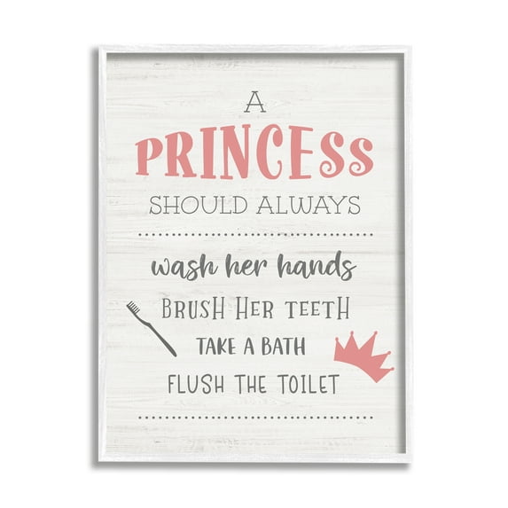 Stupell Industries Princess Bathroom Rules Good Hygiene Phrases Pink Crown Typography Painting White Framed Art Print Wall Art, 24 x 30