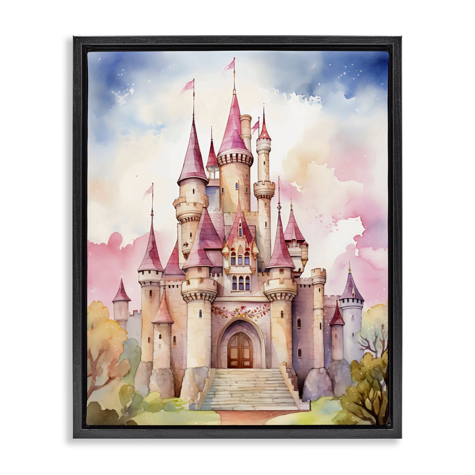 Stupell Industries Princess Castle Watercolor Portrait Black Framed Floater Canvas Wall Art, design by Creative Studio