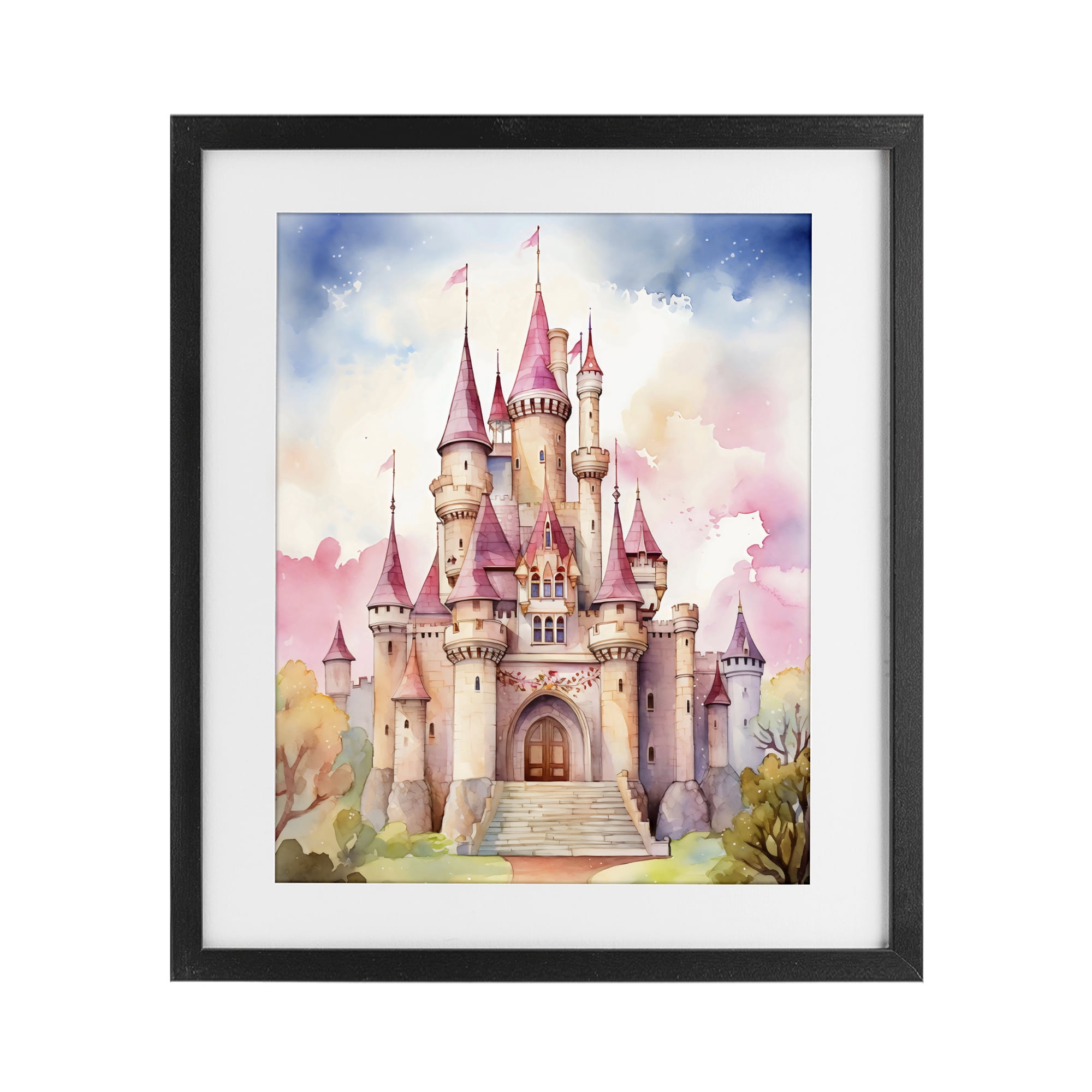 Stupell Industries Princess Castle Watercolor Portrait Black Framed Print Under Glass, design by Creative Studio
