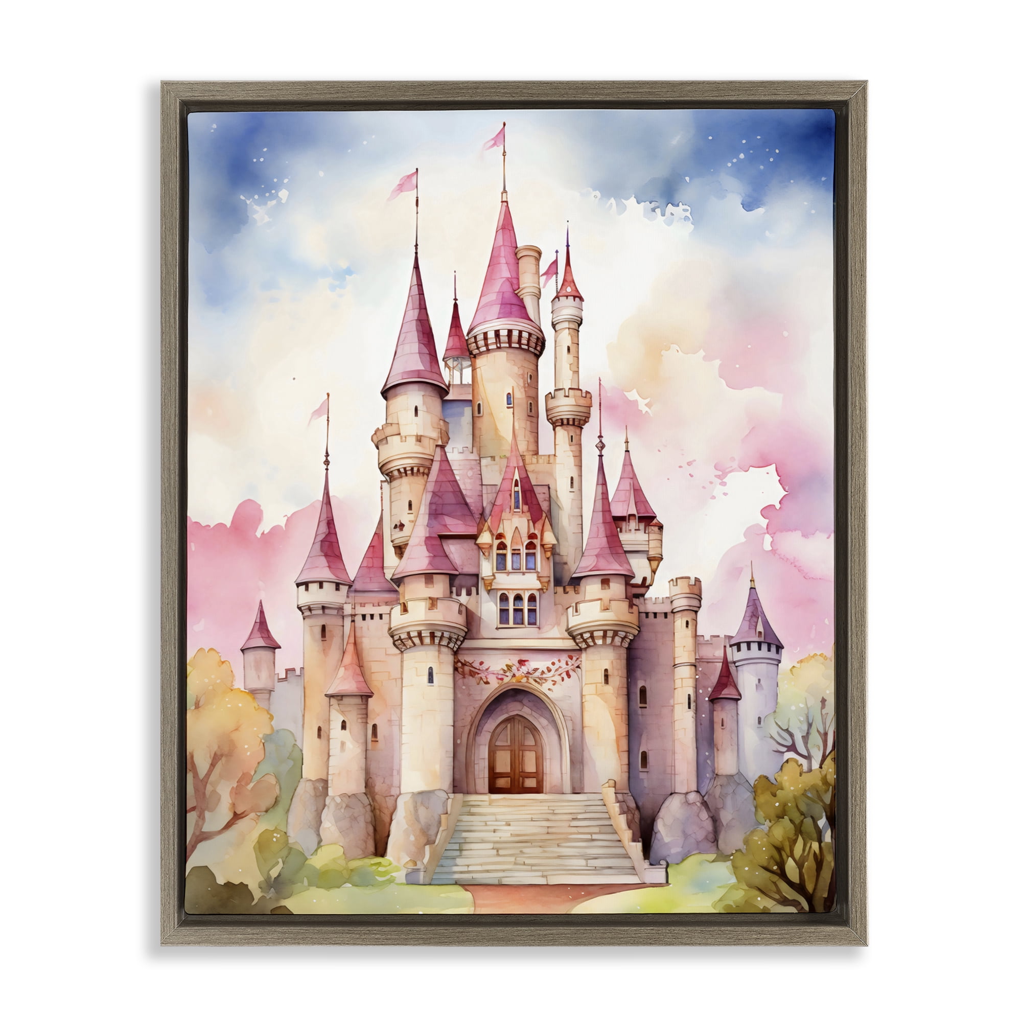 Stupell Industries Princess Castle Watercolor Portrait Brown Framed Floater Canvas Wall Art, design by Creative Studio