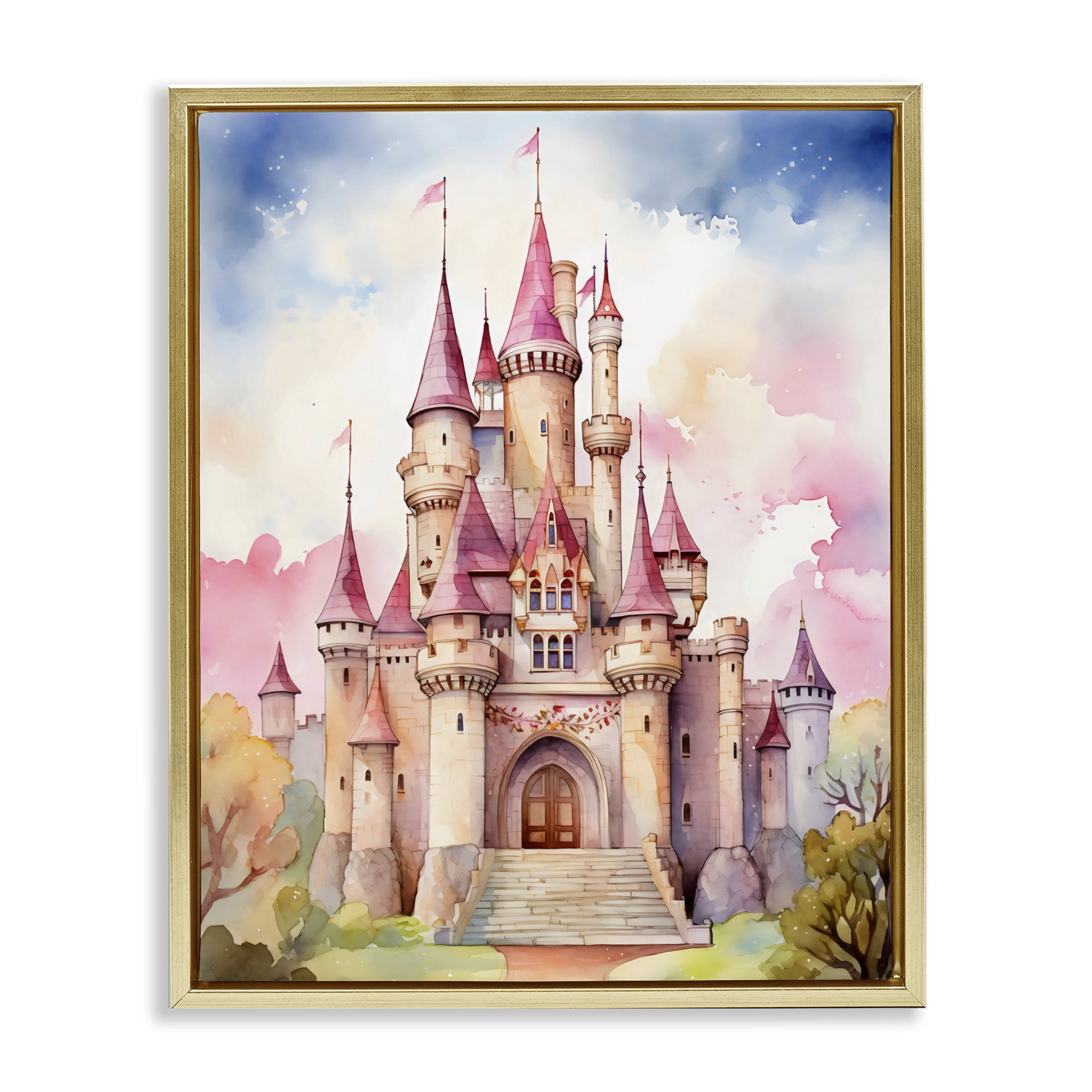 Stupell Industries Princess Castle Watercolor Portrait Gold Framed Floater Canvas Wall Art, design by Creative Studio