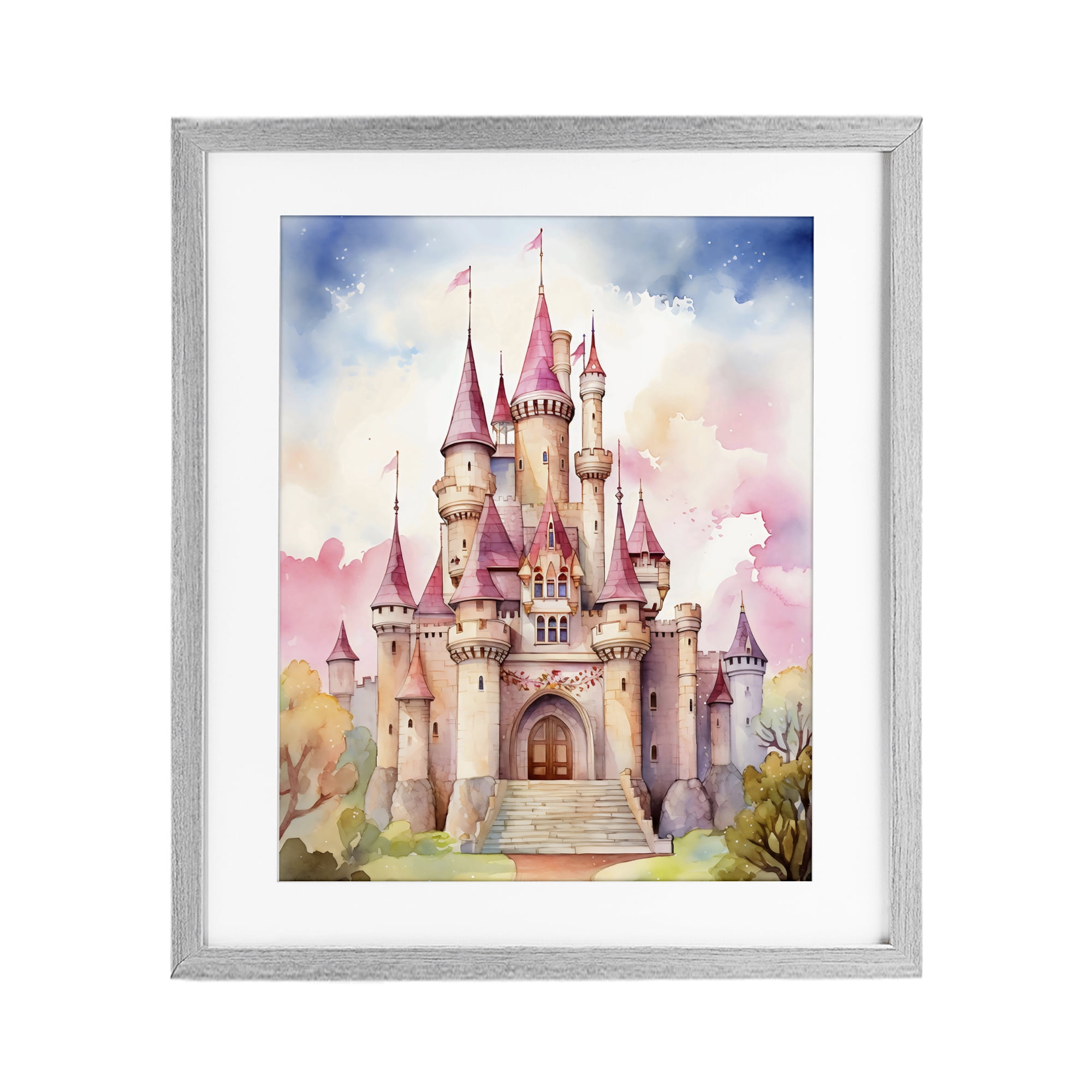 Stupell Industries Princess Castle Watercolor Portrait Gray Framed Print Under Glass, design by Creative Studio