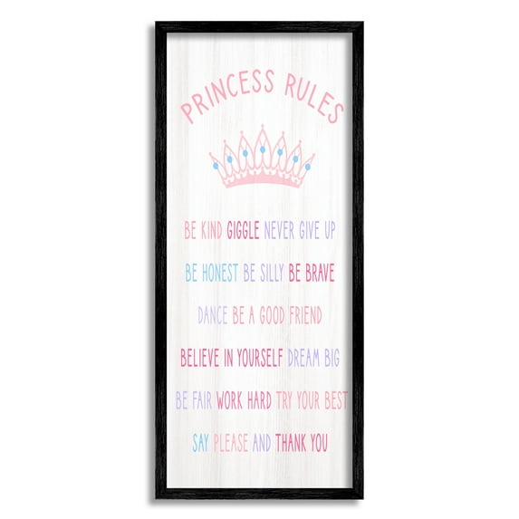 Stupell Industries Princess Rules Listed Kids Pretend Pink Crown Inspirational Painting Black Framed Art Print Wall Art, 10 x 24