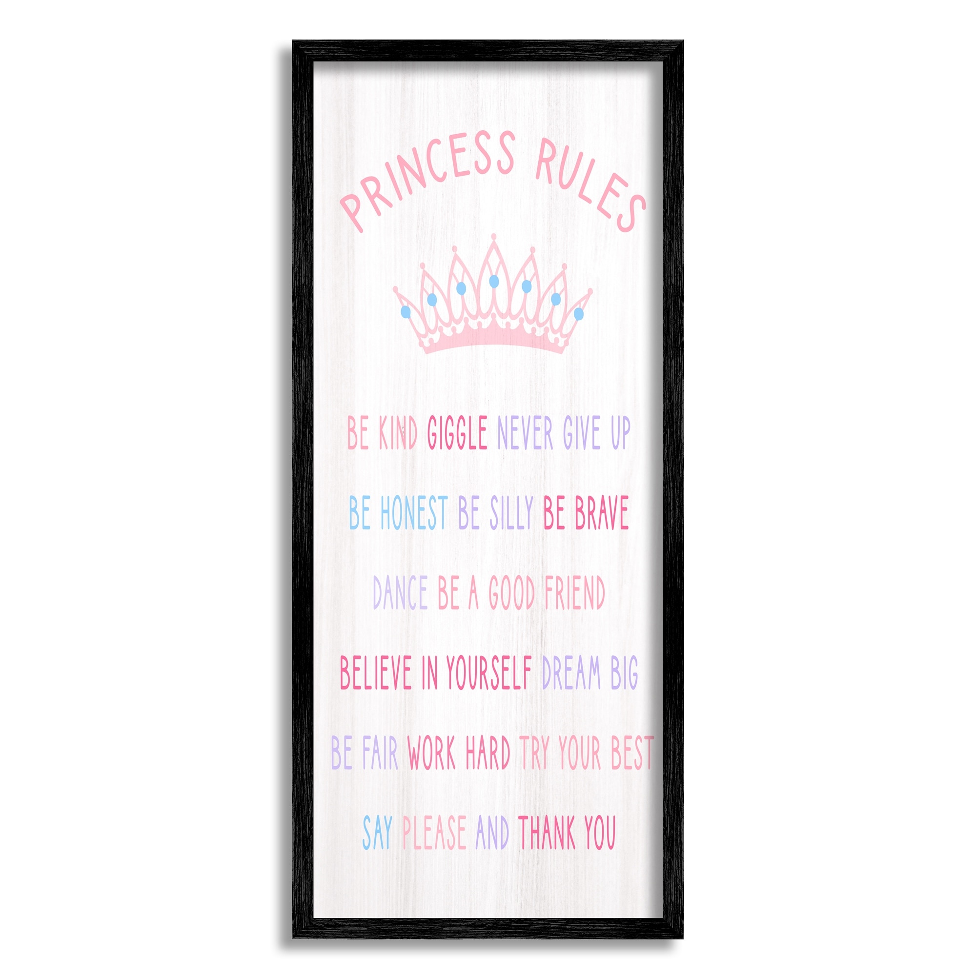Stupell Industries Princess Rules Listed Kids Pretend Pink Crown Inspirational Painting Black Framed Art Print Wall Art, 13 x 30