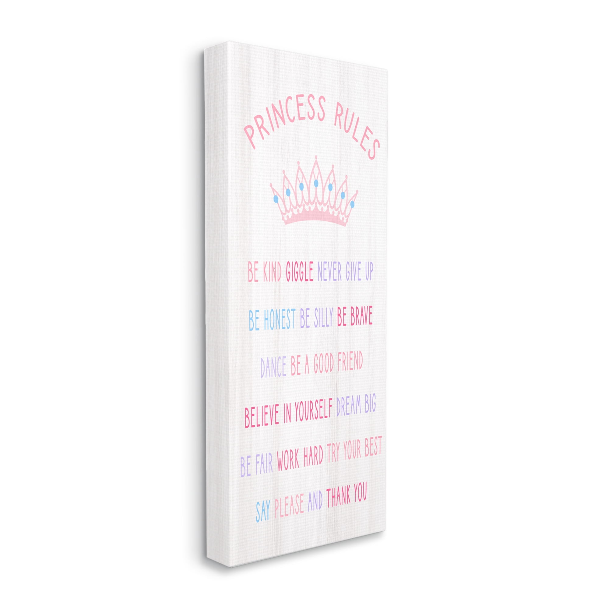 Stupell Industries Princess Rules Listed Kids Pretend Pink Crown Inspirational Painting Gallery Wrapped Canvas Print Wall Art, 13 x 30
