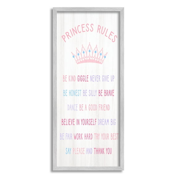 Stupell Industries Princess Rules Listed Kids Pretend Pink Crown Inspirational Painting Gray Framed Art Print Wall Art, 10 x 24
